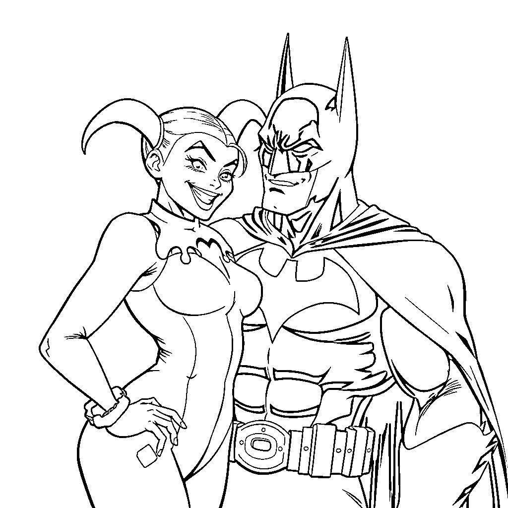 Harley Quinn and Batman in an embrace Coloring Page (free black-and-white line drawing printable PDF for all, from beginners to advanced learners, including children, teens, adults, and seniors)