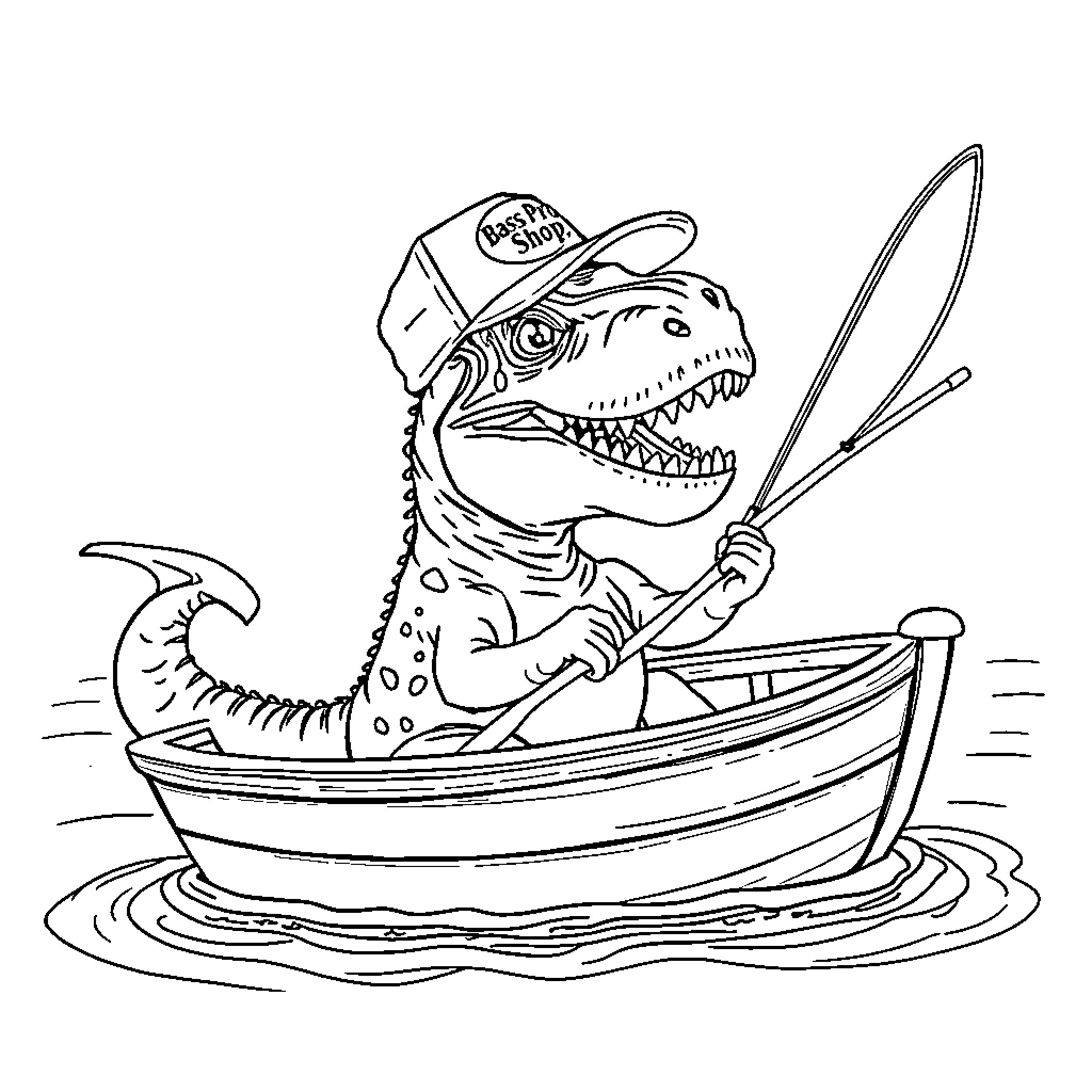 T-Rex fisherman paddling in boat with fishing rod Coloring Page (free black-and-white line drawing printable PDF for all, from beginners to advanced learners, including children, teens, adults, and seniors)