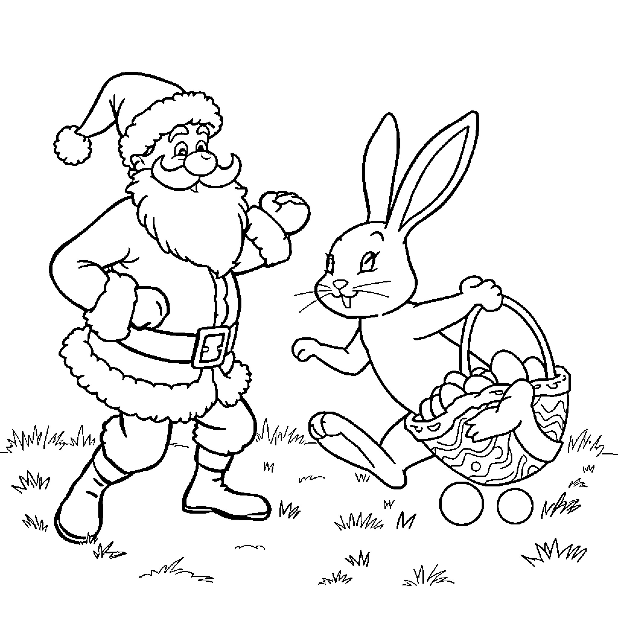 Santa and his rabbit friend celebrate Easter outdoors Coloring Page (free black-and-white line drawing printable PDF for all, from beginners to advanced learners, including children, teens, adults, and seniors)