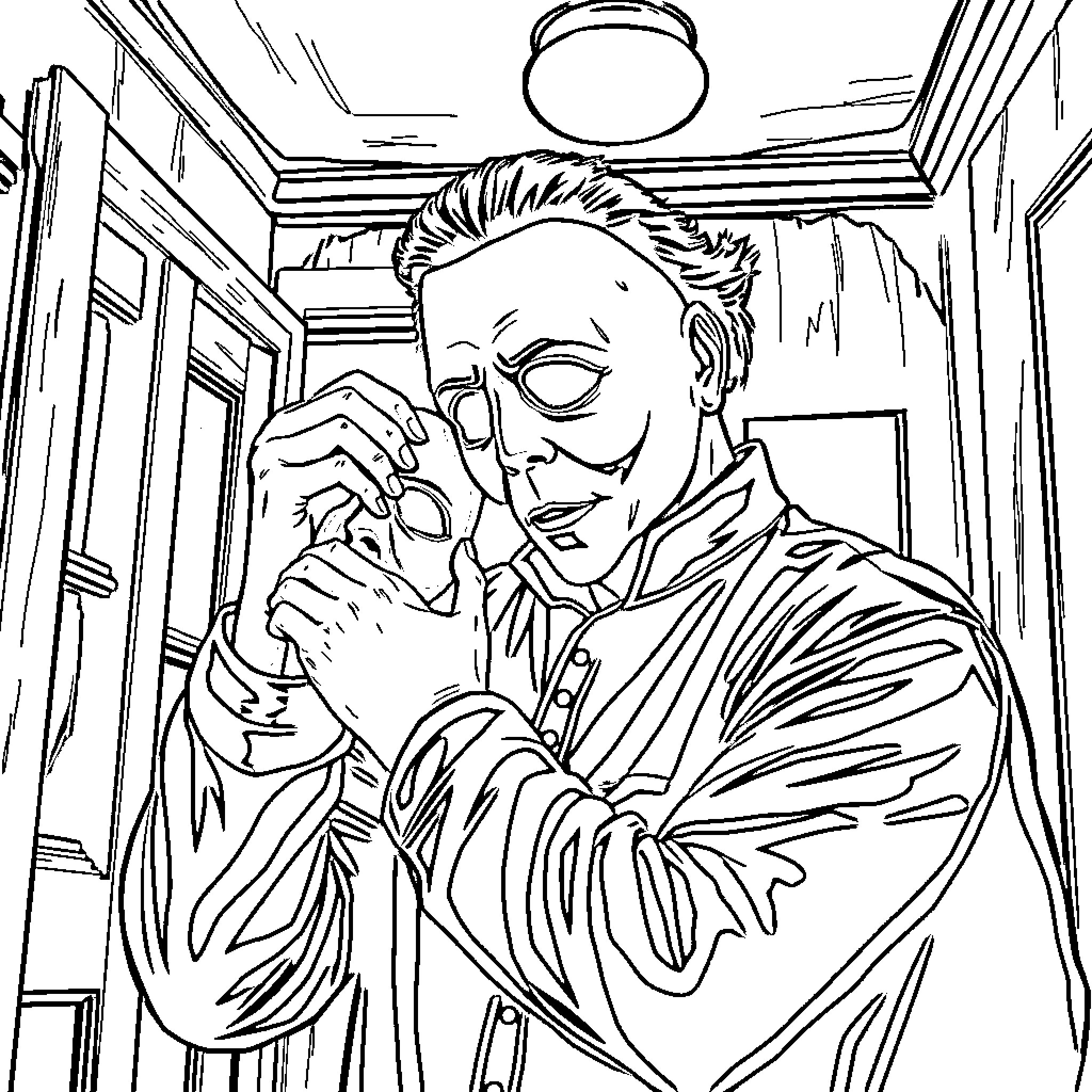 Michael Myers calmly preparing to strike Coloring Page (free black-and-white line drawing printable PDF for all, from beginners to advanced learners, including children, teens, adults, and seniors)