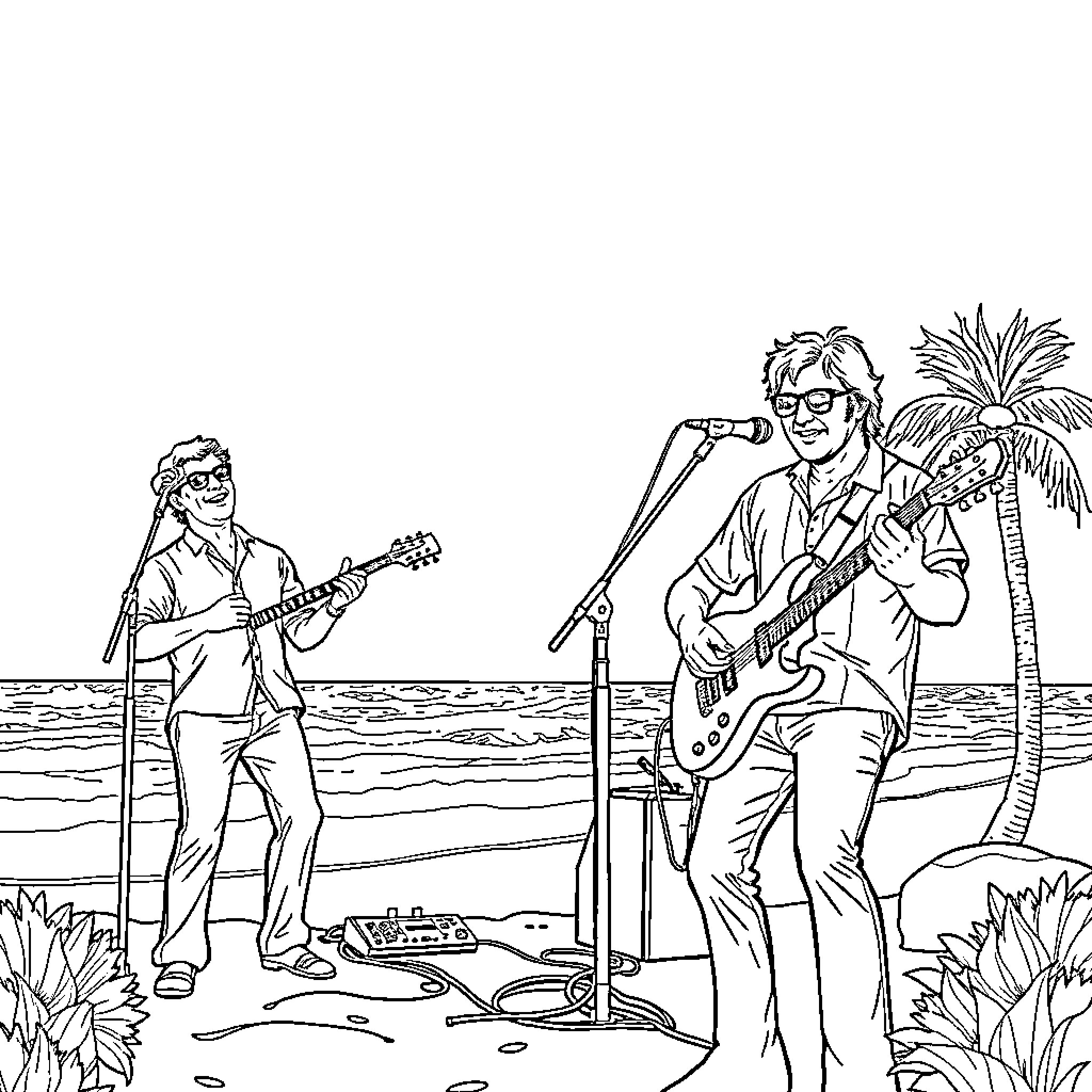 Beach Boys performing on a tropical beach Coloring Page (free black-and-white line drawing printable PDF for all, from beginners to advanced learners, including children, teens, adults, and seniors)