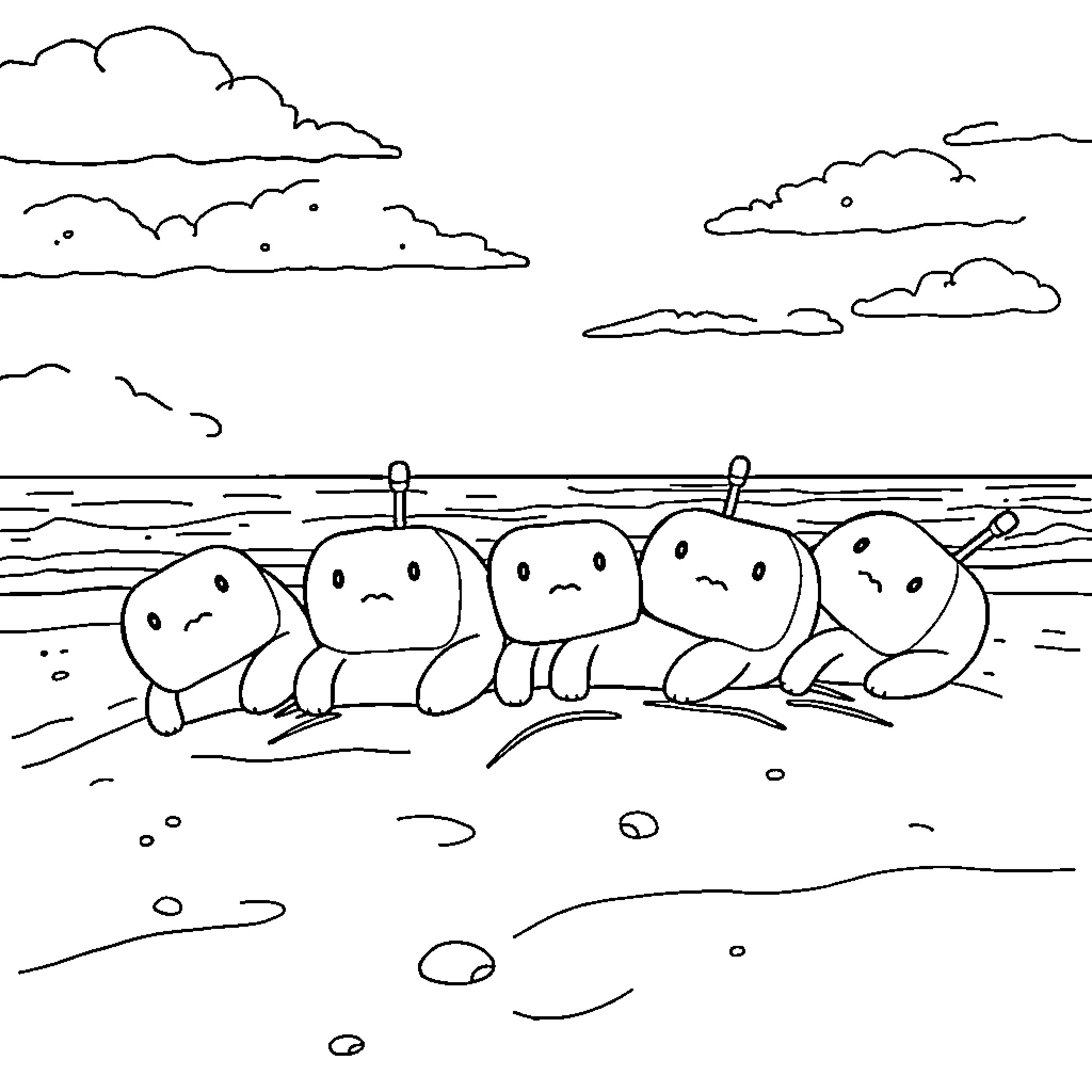 Squishmallows enjoying a day at the beach Coloring Page (free black-and-white line drawing printable PDF for all, from beginners to advanced learners, including children, teens, adults, and seniors)