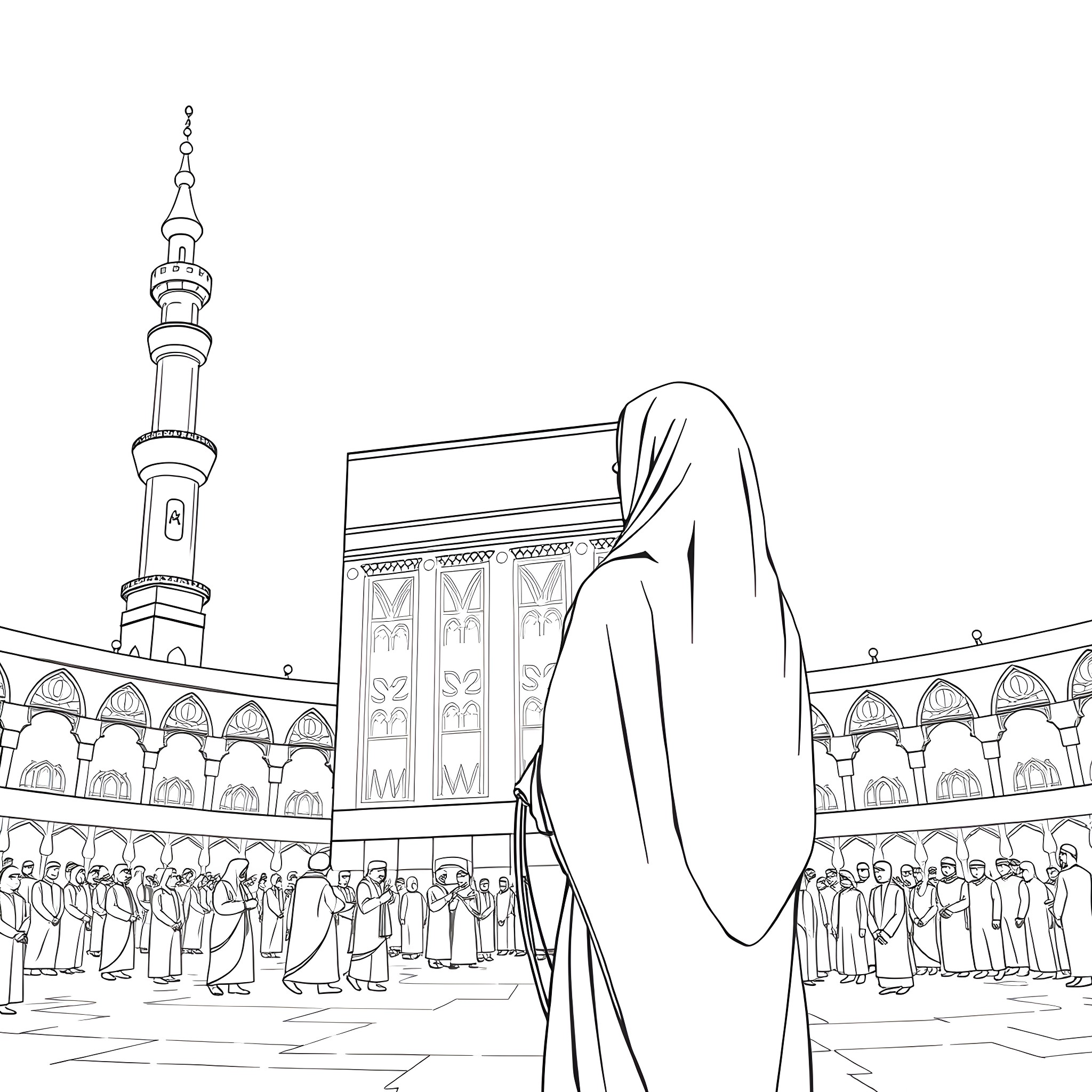 Hijabi woman performing religious ritual at Masjid Coloring Page (free black-and-white line drawing printable PDF for all, from beginners to advanced learners, including children, teens, adults, and seniors)