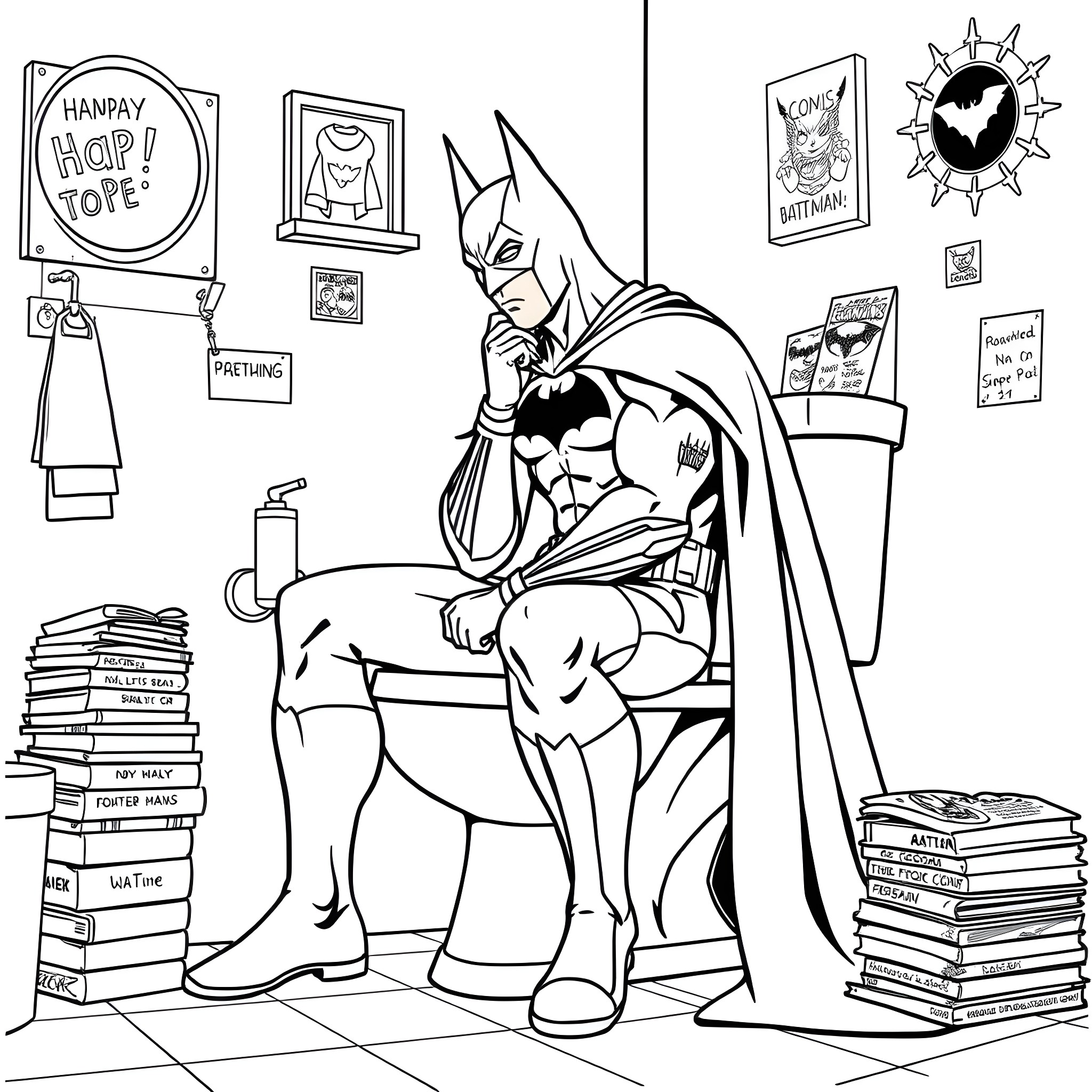 Batman reading comics in his room Coloring Page (free black-and-white line drawing printable PDF for all, from beginners to advanced learners, including children, teens, adults, and seniors)