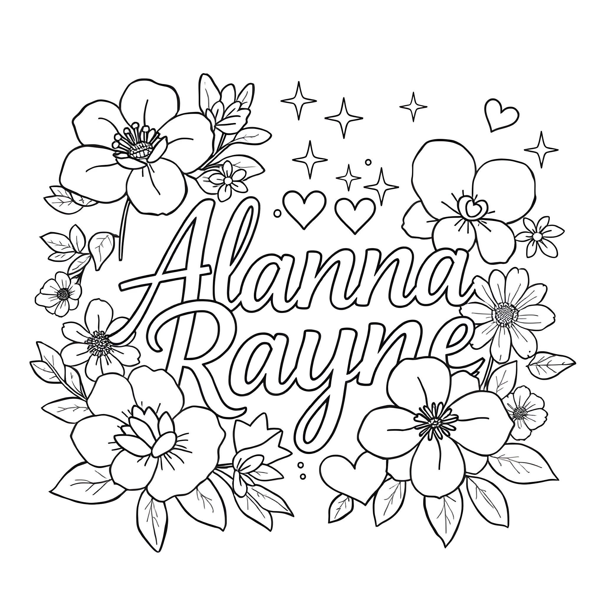 Font Flowers and Stars with Personalized Name Coloring Page (free black-and-white line drawing printable PDF for all, from beginners to advanced learners, including children, teens, adults, and seniors)