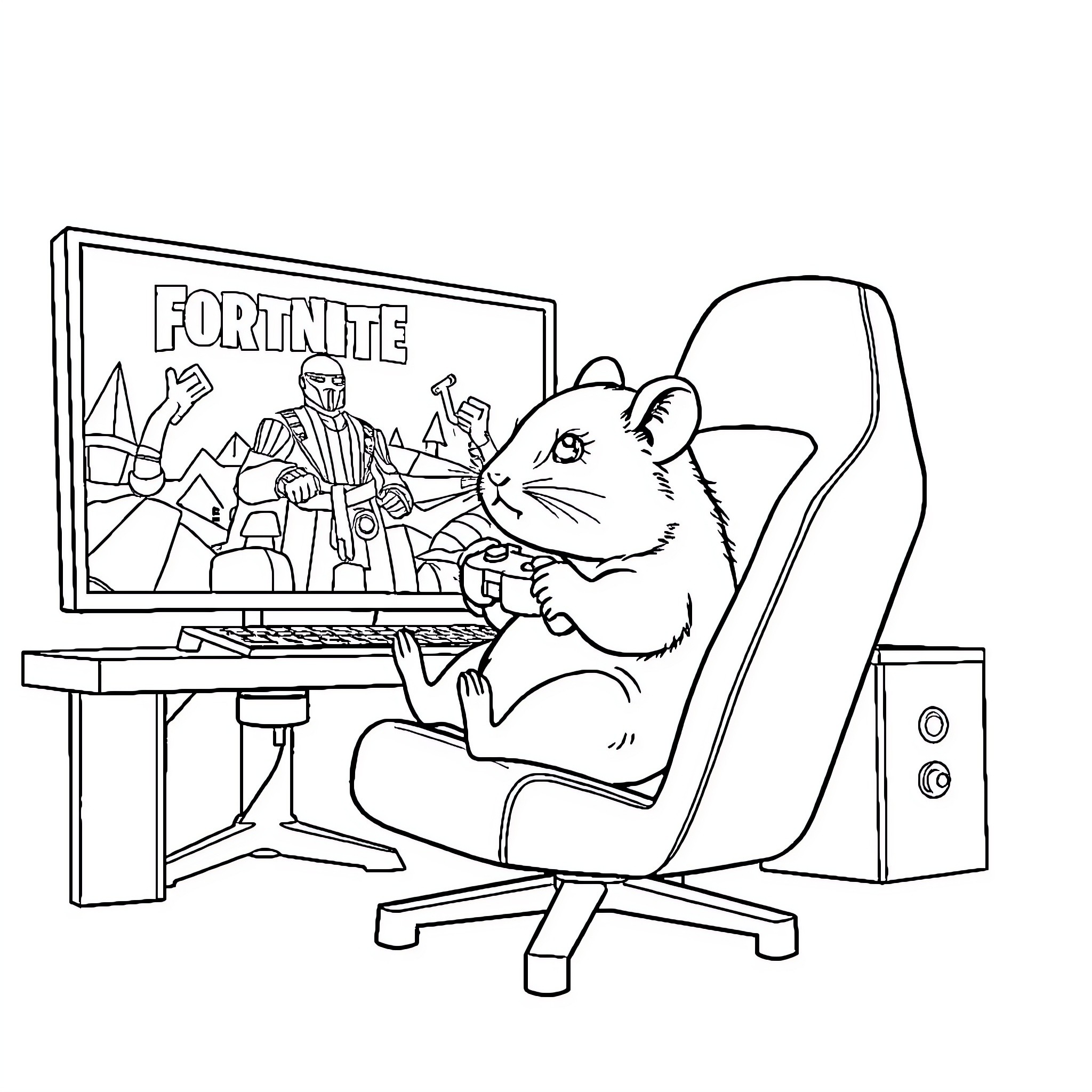 Hamster playing Fortnite video game on computer Coloring Page (free black-and-white line drawing printable PDF for all, from beginners to advanced learners, including children, teens, adults, and seniors)