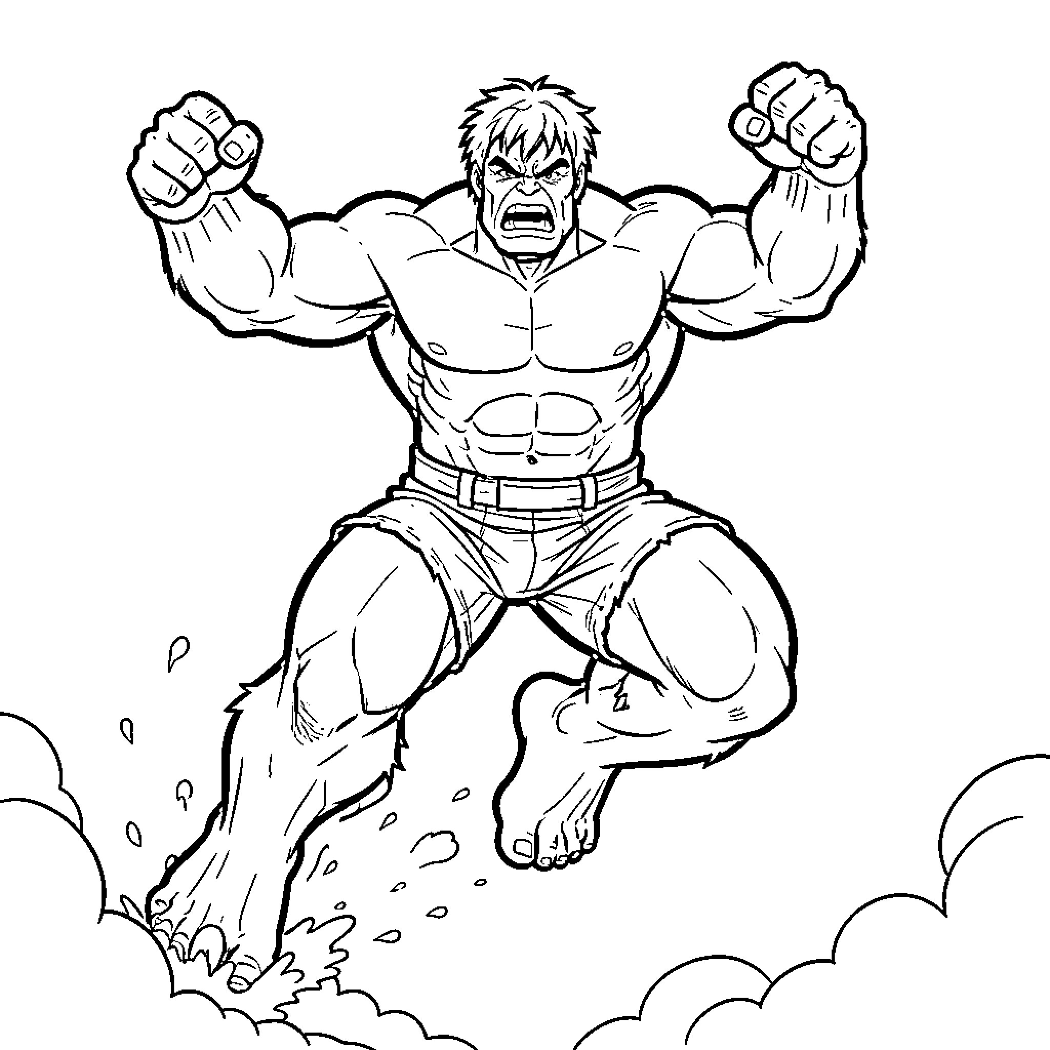 Hulk leaping into action with clenched fists Coloring Page (free black-and-white line drawing printable PDF for all, from beginners to advanced learners, including children, teens, adults, and seniors)