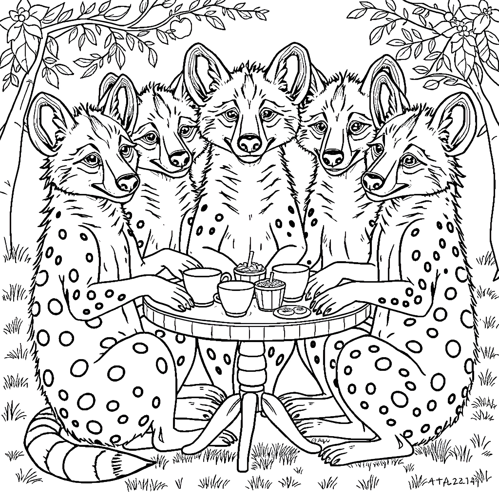 Hyena friends enjoying a picnic together Coloring Page (free black-and-white line drawing printable PDF for all, from beginners to advanced learners, including children, teens, adults, and seniors)