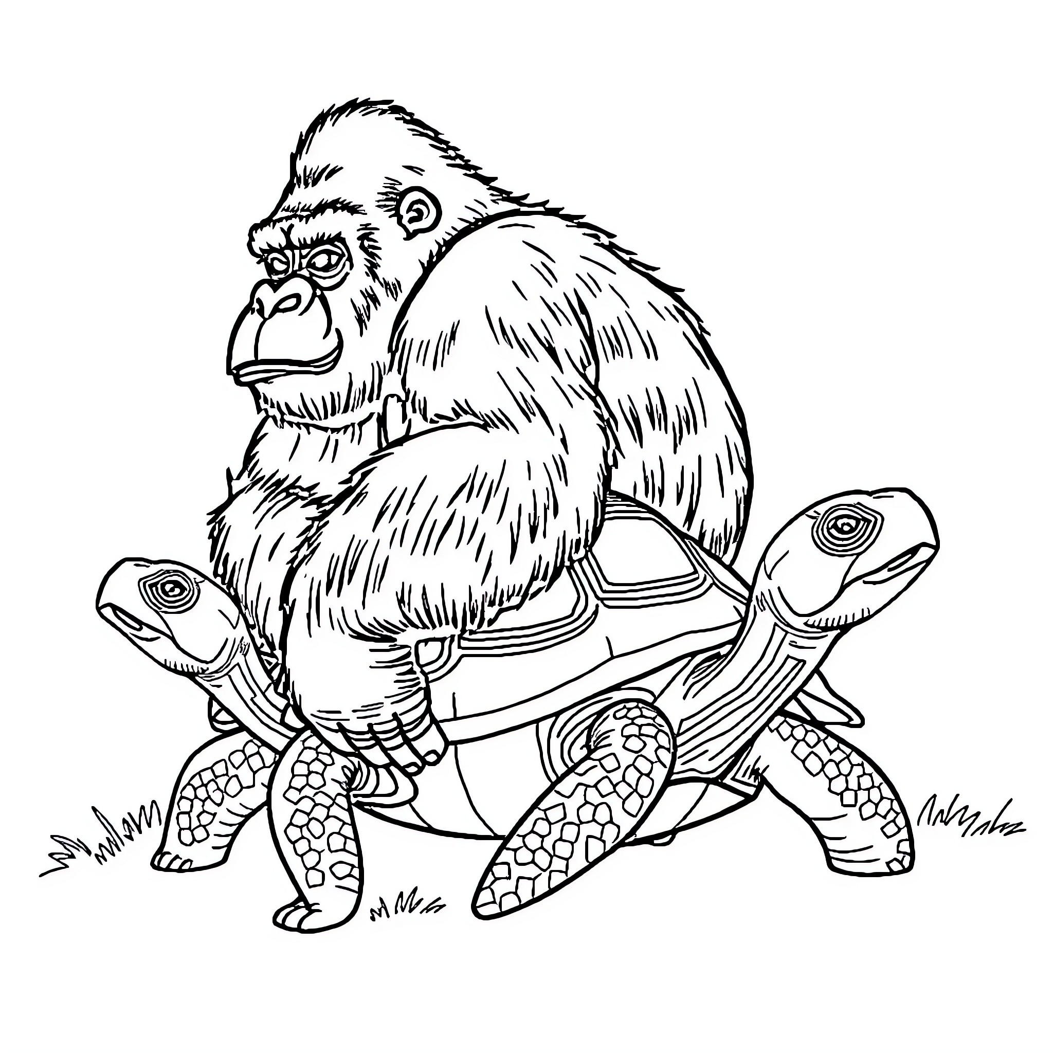 Gorilla riding a giant turtle with determination Coloring Page (free black-and-white line drawing printable PDF for all, from beginners to advanced learners, including children, teens, adults, and seniors)