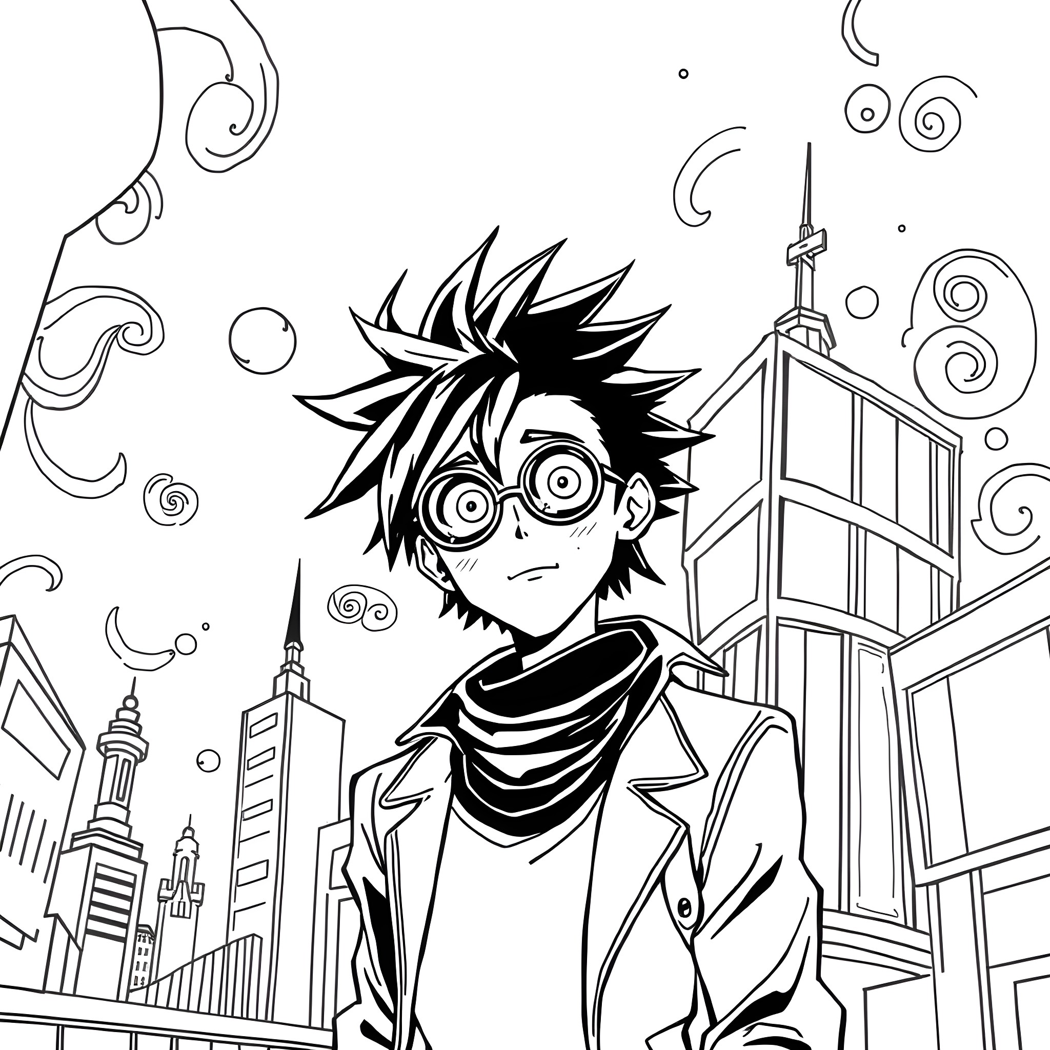 Robert Smith enjoying the urban scenery Coloring Page (free black-and-white line drawing printable PDF for all, from beginners to advanced learners, including children, teens, adults, and seniors)