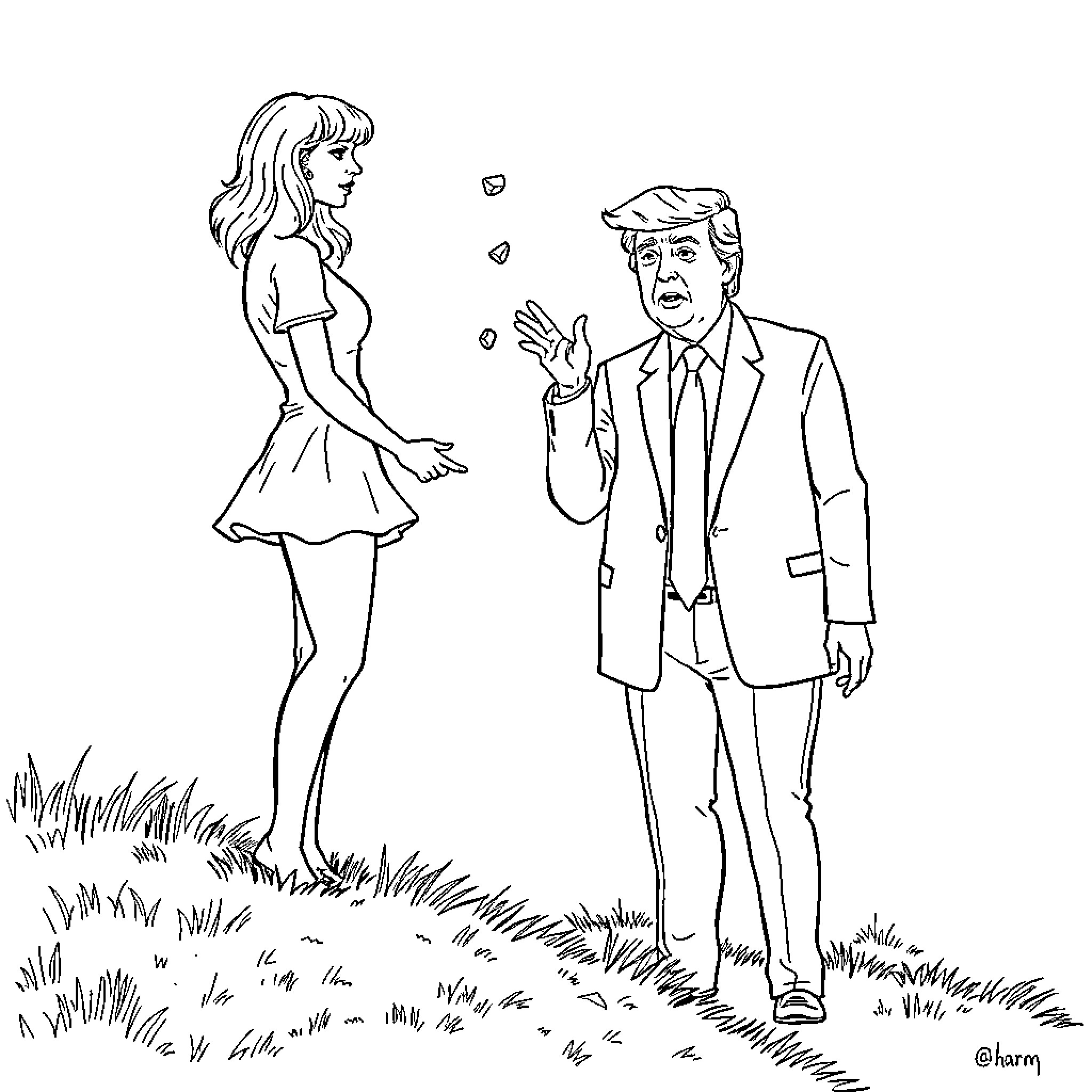 Taylor Swift and companion in animated discussion Coloring Page (free black-and-white line drawing printable PDF for all, from beginners to advanced learners, including children, teens, adults, and seniors)