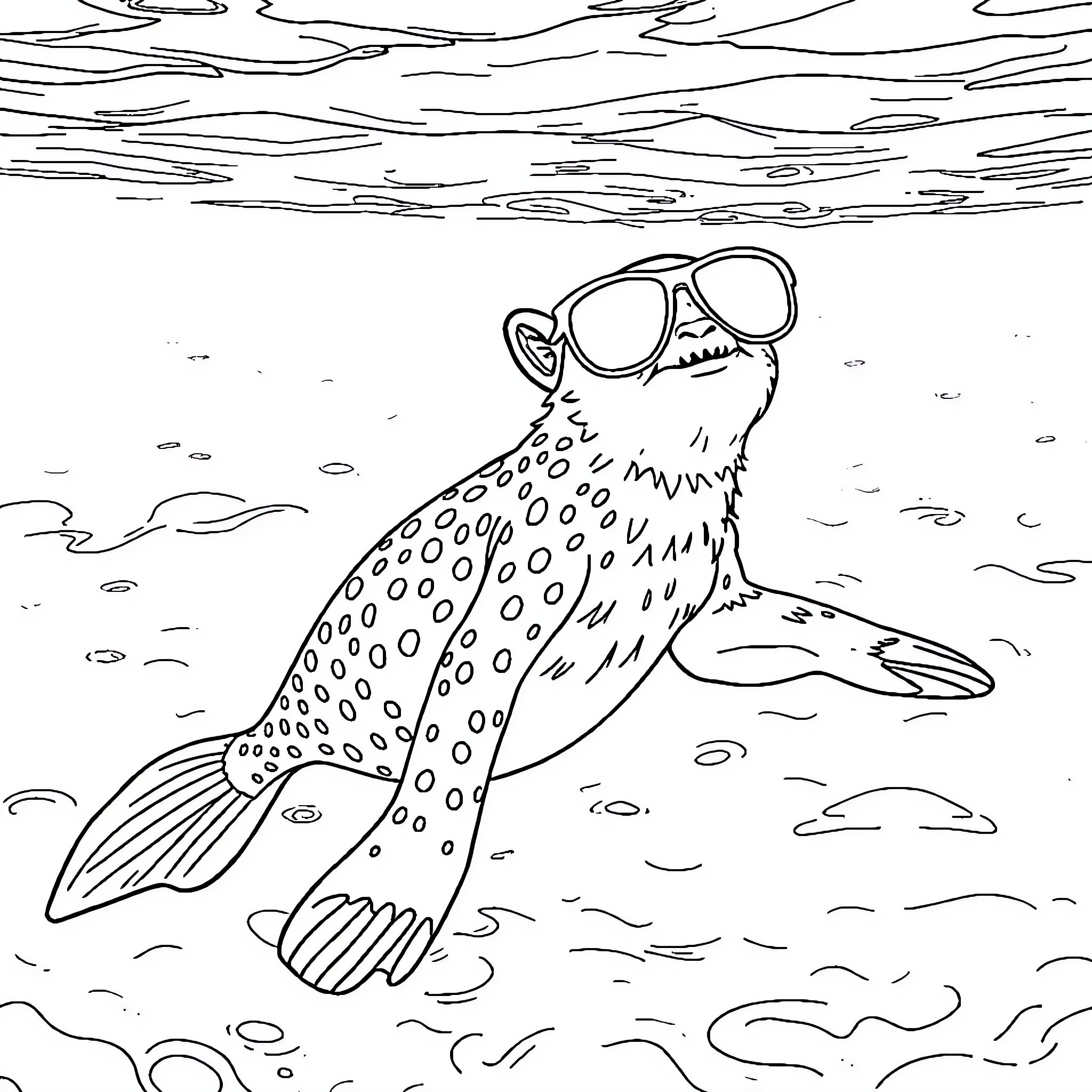 Mermaid character wearing sunglasses in the ocean Coloring Page (free black-and-white line drawing printable PDF for all, from beginners to advanced learners, including children, teens, adults, and seniors)