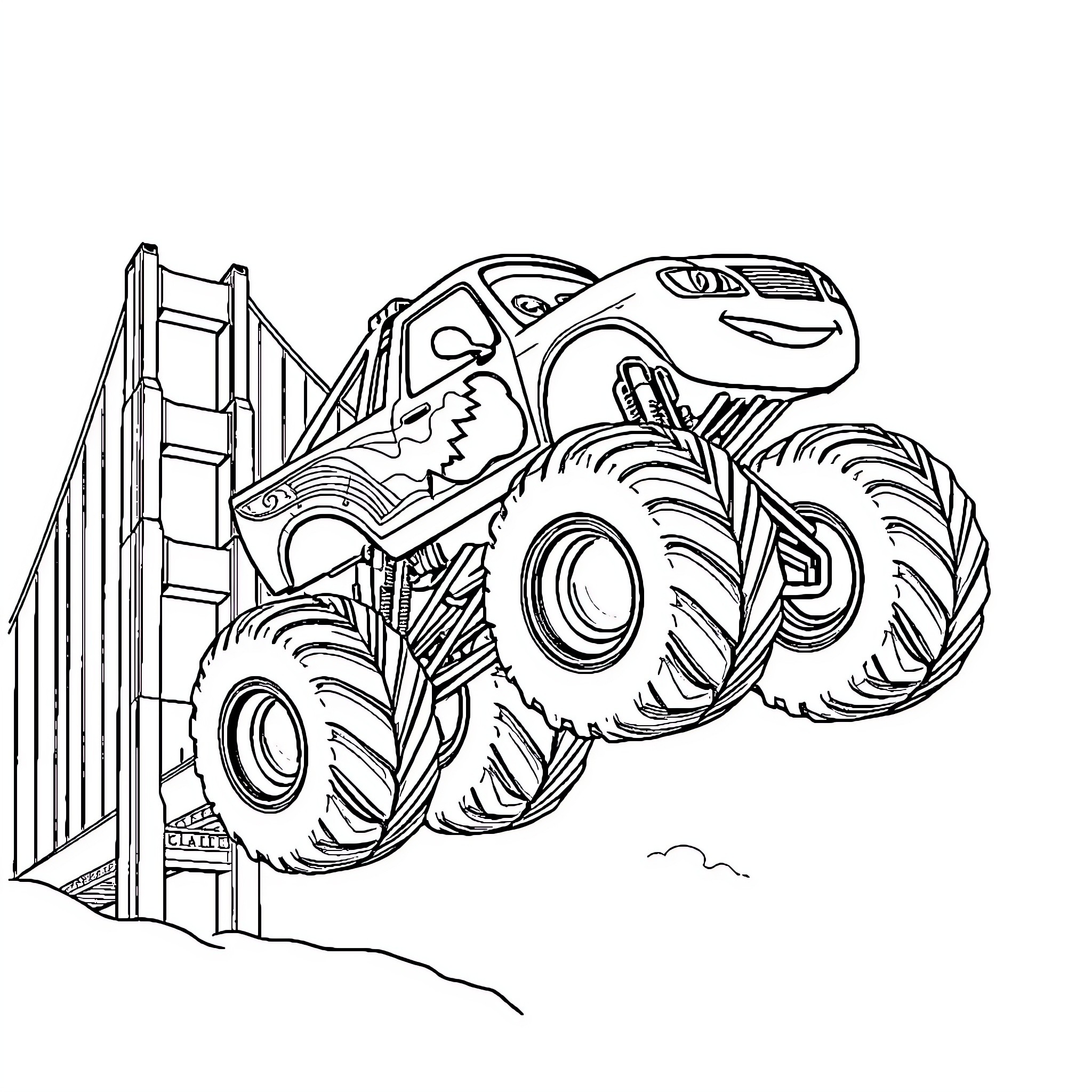 Monster Truck Jumps Over Obstacle Coloring Page (free black-and-white line drawing printable PDF for all, from beginners to advanced learners, including children, teens, adults, and seniors)