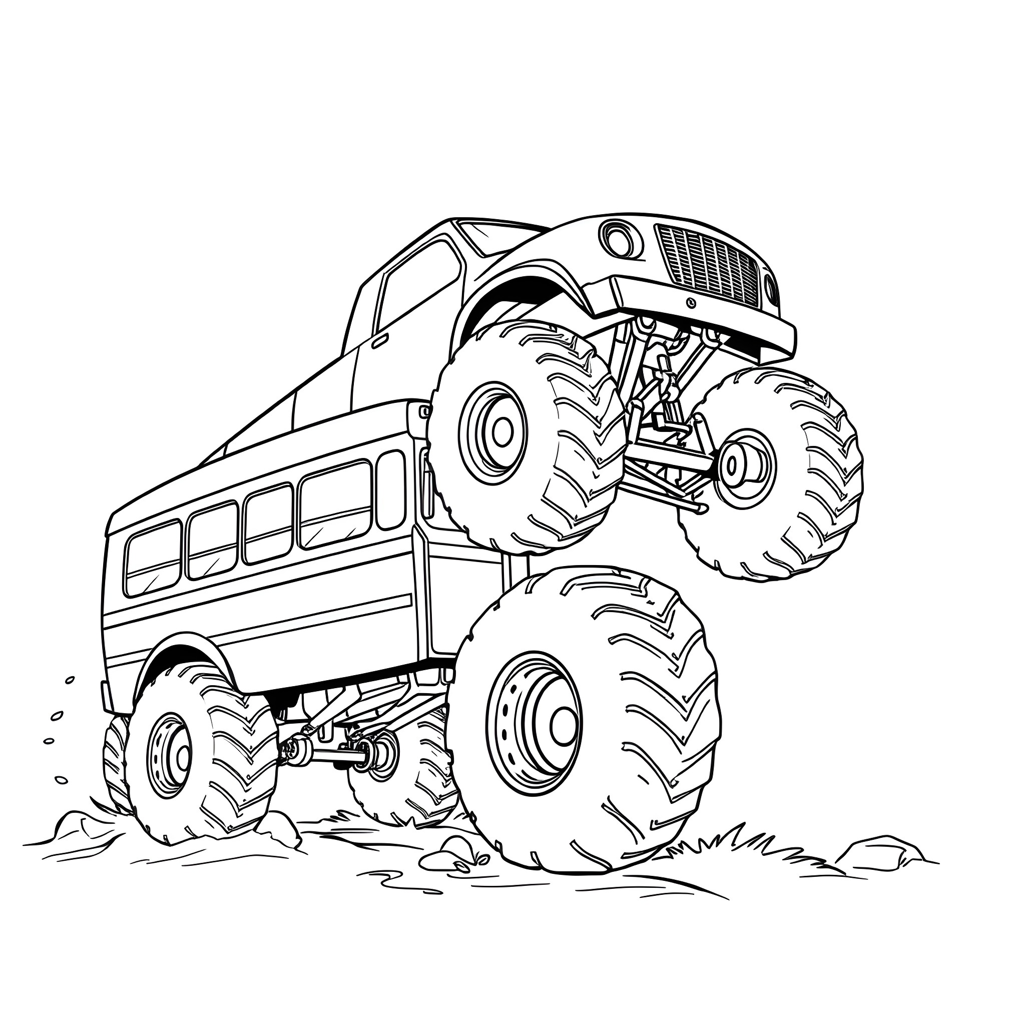 Monster Truck Crushing Obstacles on the Ground Coloring Page (free black-and-white line drawing printable PDF for all, from beginners to advanced learners, including children, teens, adults, and seniors)