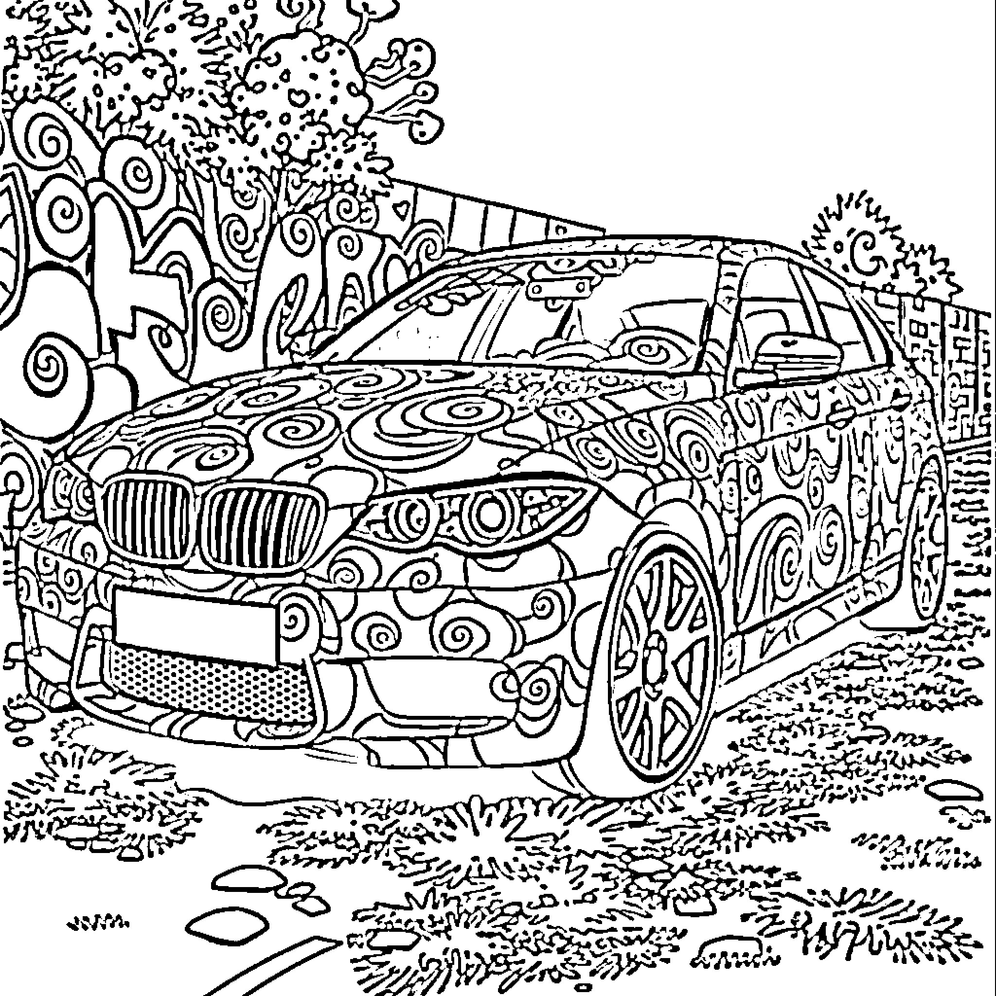 Car with intricate doodle patterns on the road Coloring Page (free black-and-white line drawing printable PDF for all, from beginners to advanced learners, including children, teens, adults, and seniors)