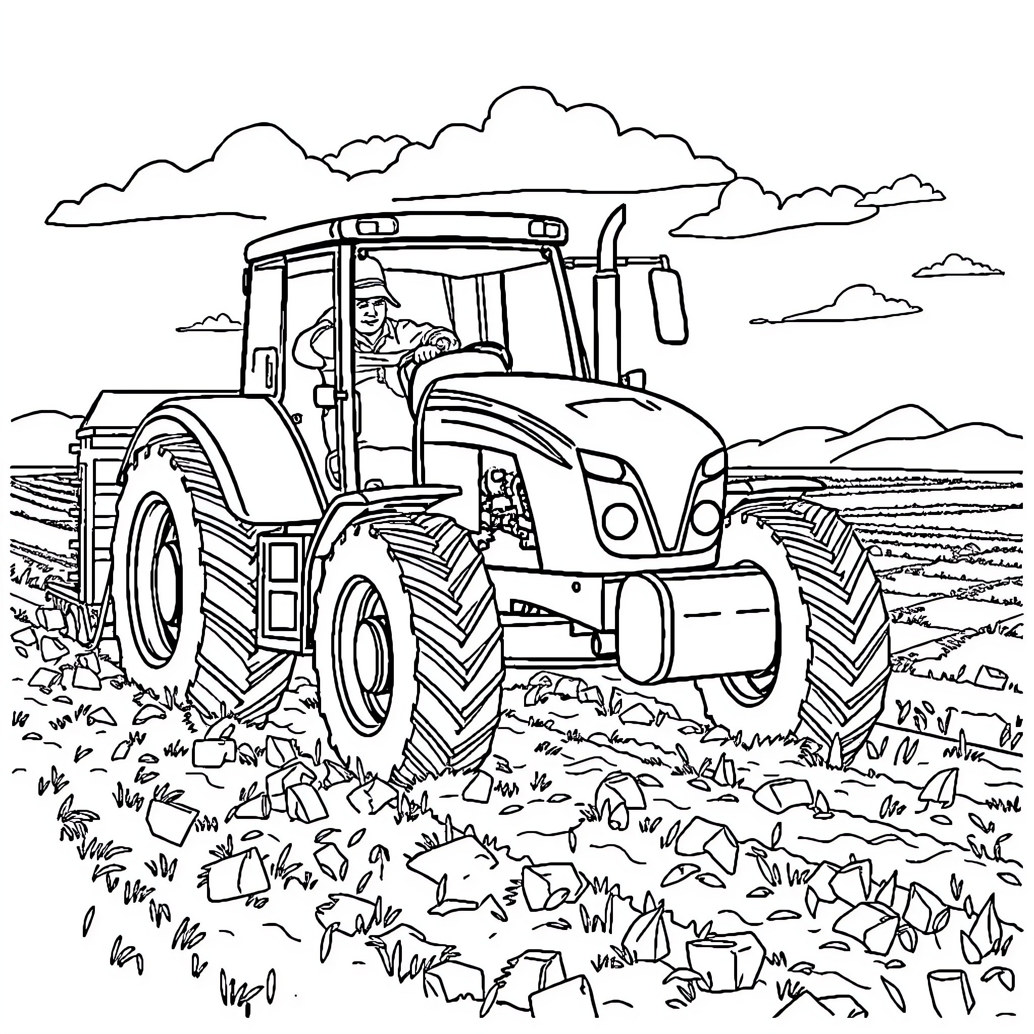 Farmer operating a tractor on rural landscape Coloring Page (free black-and-white line drawing printable PDF for all, from beginners to advanced learners, including children, teens, adults, and seniors)