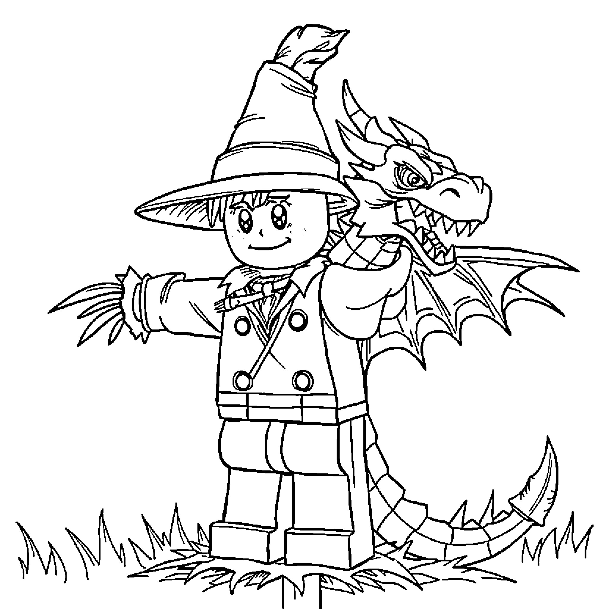 Scarecrow with dragon companion in field Coloring Page (free black-and-white line drawing printable PDF for all, from beginners to advanced learners, including children, teens, adults, and seniors)