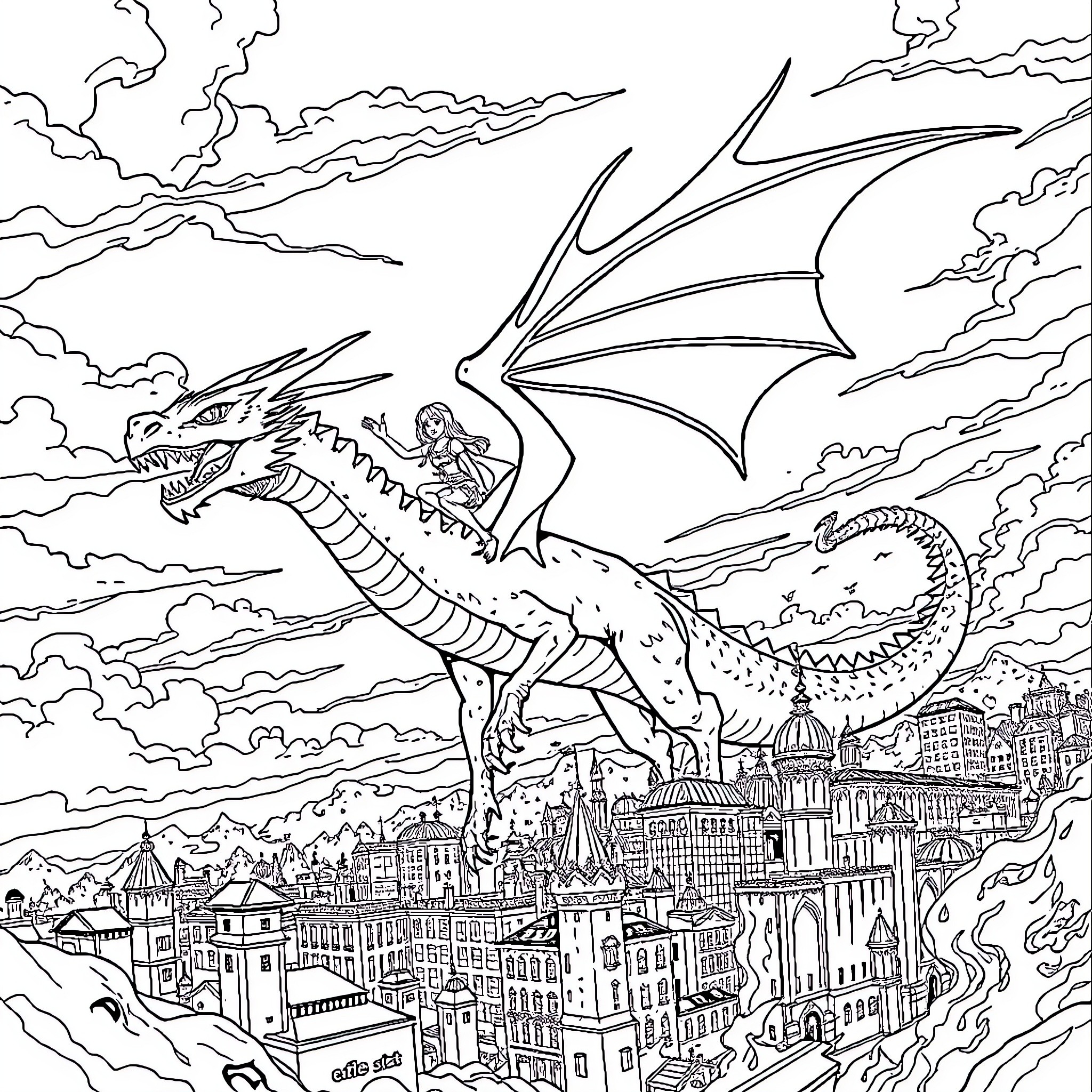 Dragon soaring over a city in the clouds Coloring Page (free black-and-white line drawing printable PDF for all, from beginners to advanced learners, including children, teens, adults, and seniors)