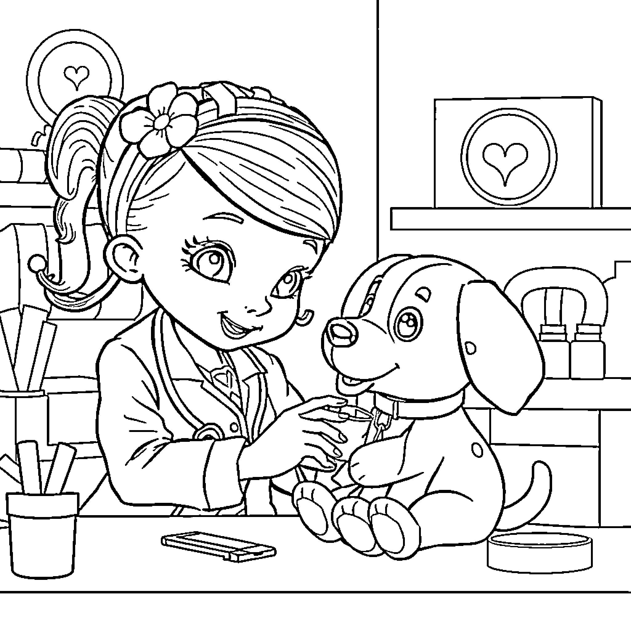 Doc McStuffins Cares for Her Stuffed Animal Friend Coloring Page (free black-and-white line drawing printable PDF for all, from beginners to advanced learners, including children, teens, adults, and seniors)