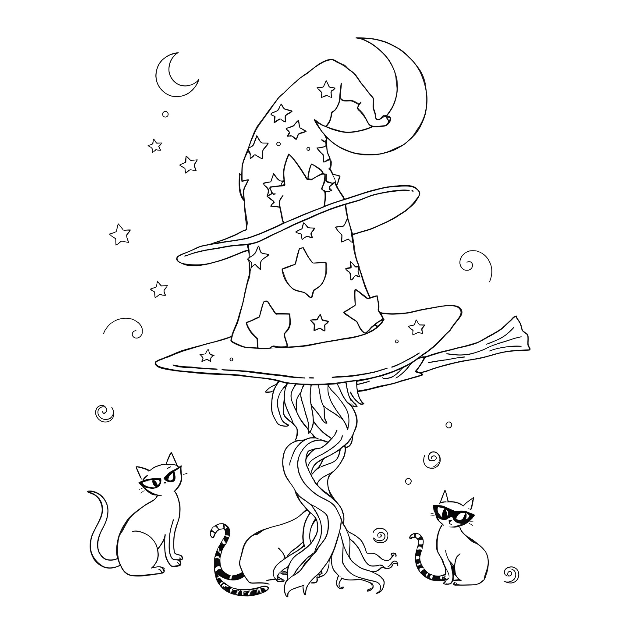 Witch Hat with Magical Cats in the Night Sky Coloring Page (free black-and-white line drawing printable PDF for all, from beginners to advanced learners, including children, teens, adults, and seniors)