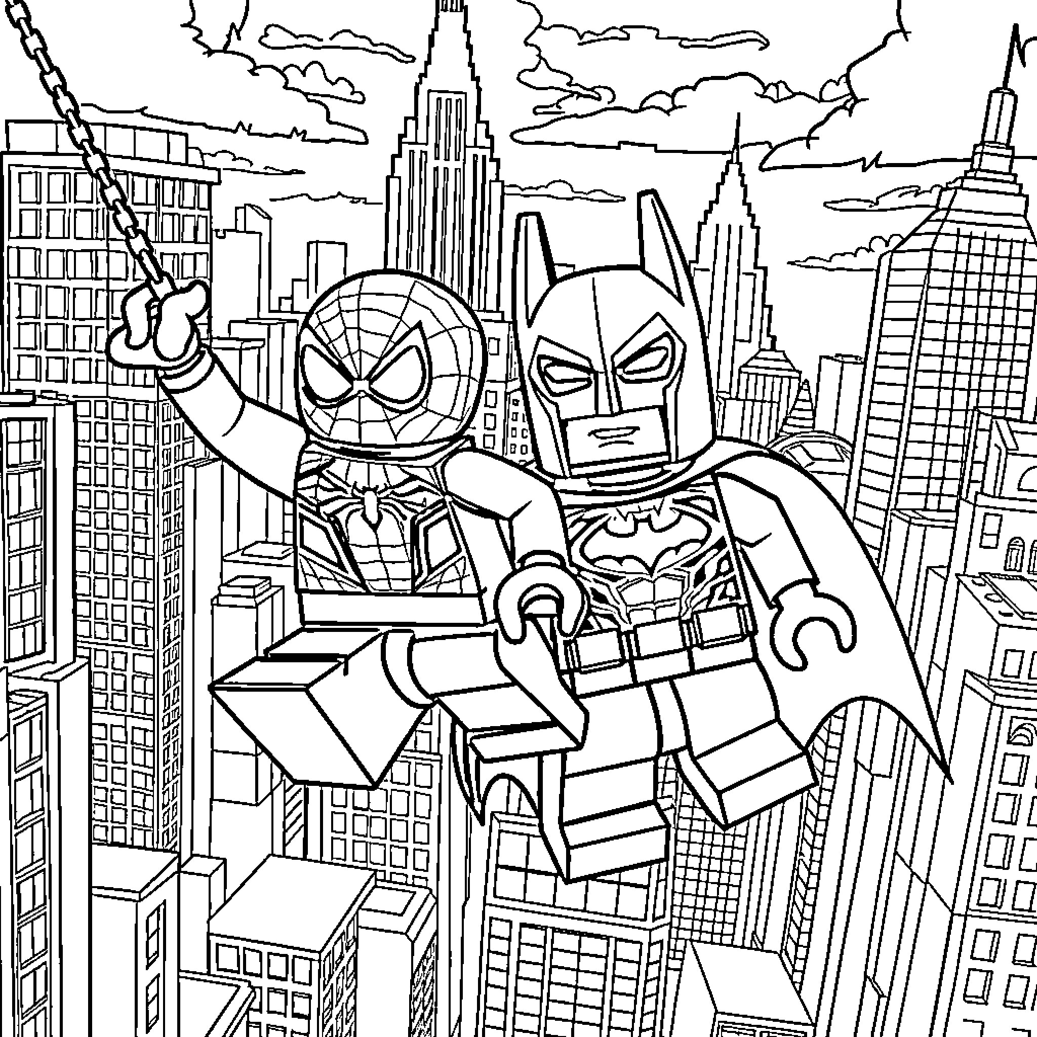 Spider-Man and Batman Saving the City Coloring Page (free black-and-white line drawing printable PDF for all, from beginners to advanced learners, including children, teens, adults, and seniors)