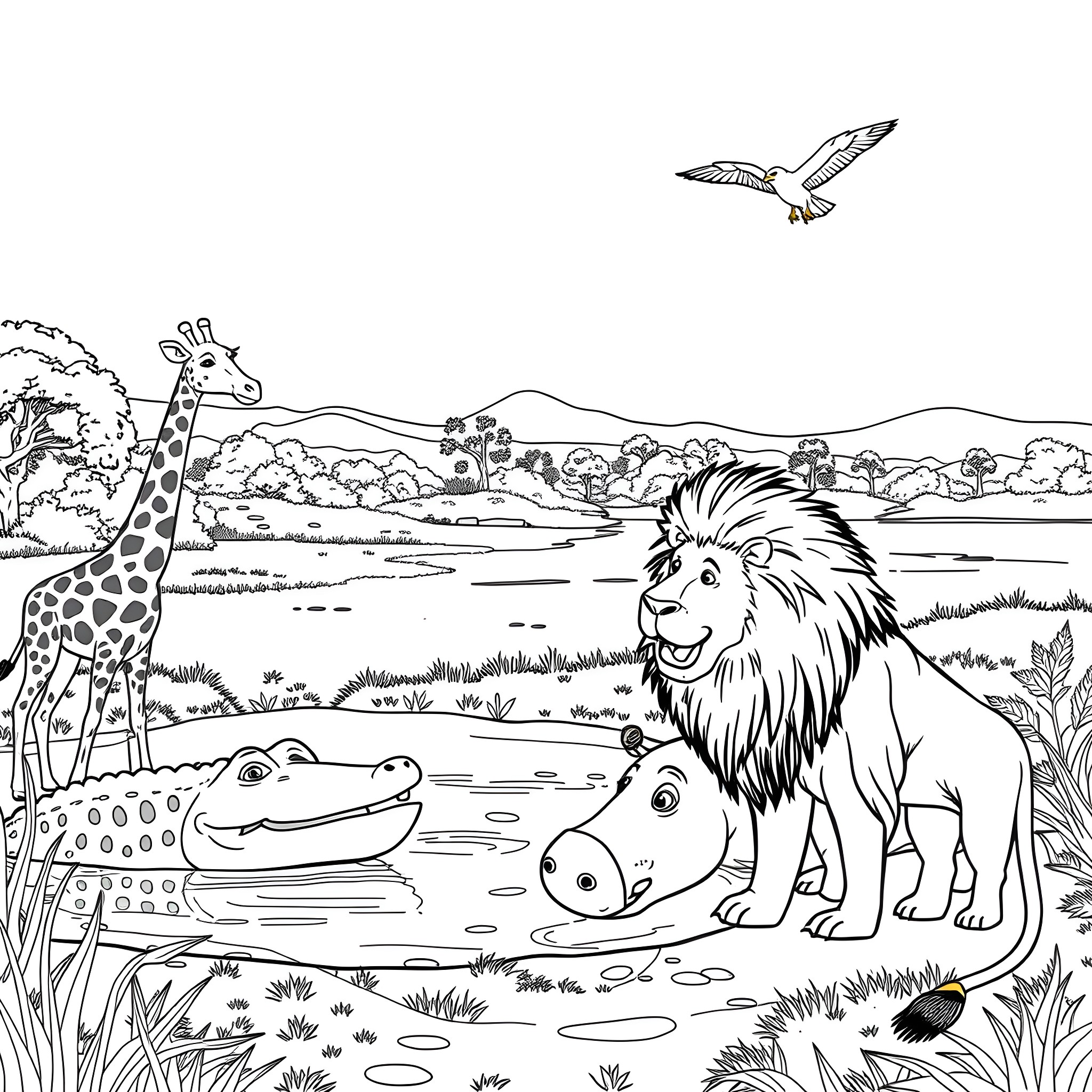 Animal friends in the wild savanna Coloring Page (free black-and-white line drawing printable PDF for all, from beginners to advanced learners, including children, teens, adults, and seniors)