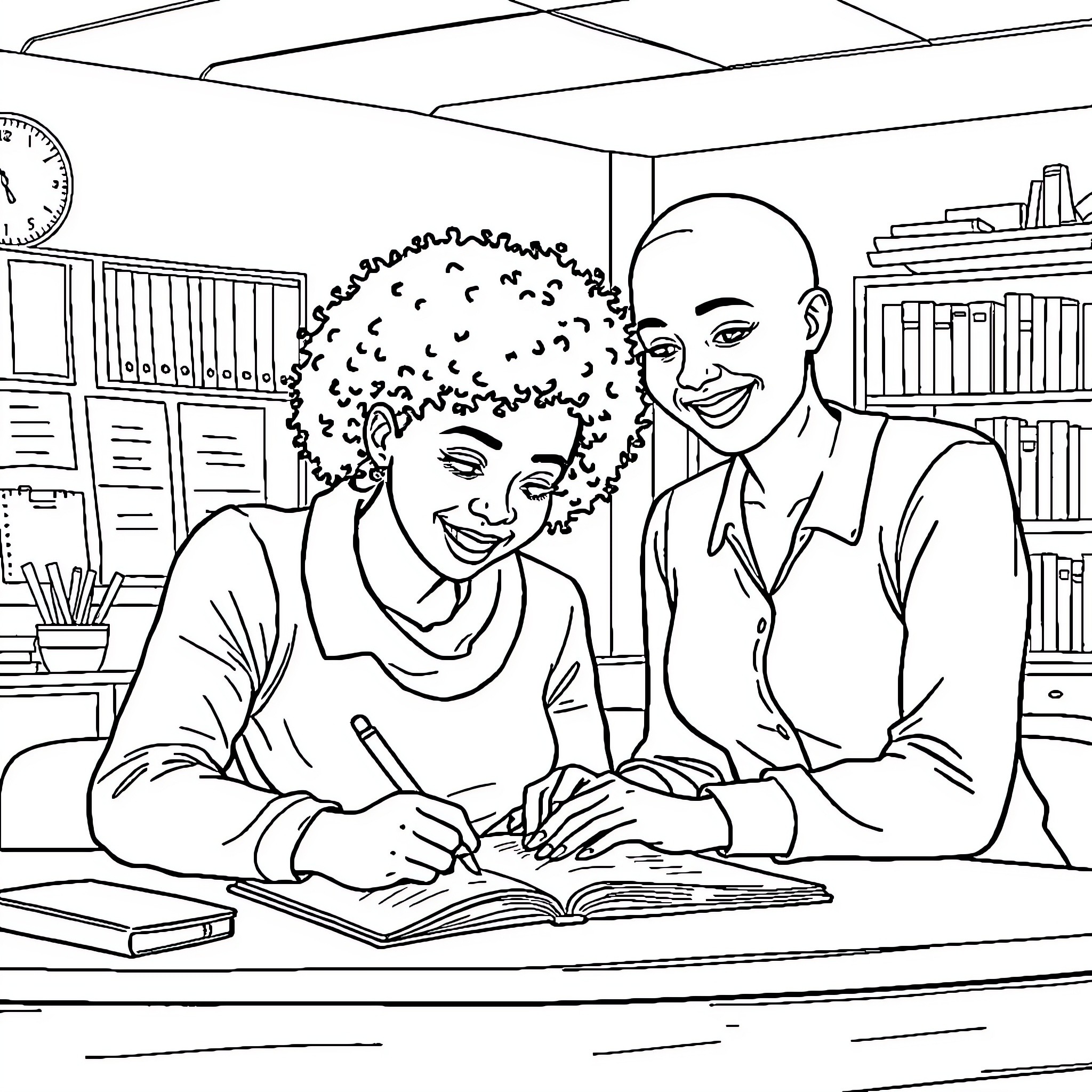 Teacher and student working together in the classroom Coloring Page (free black-and-white line drawing printable PDF for all, from beginners to advanced learners, including children, teens, adults, and seniors)