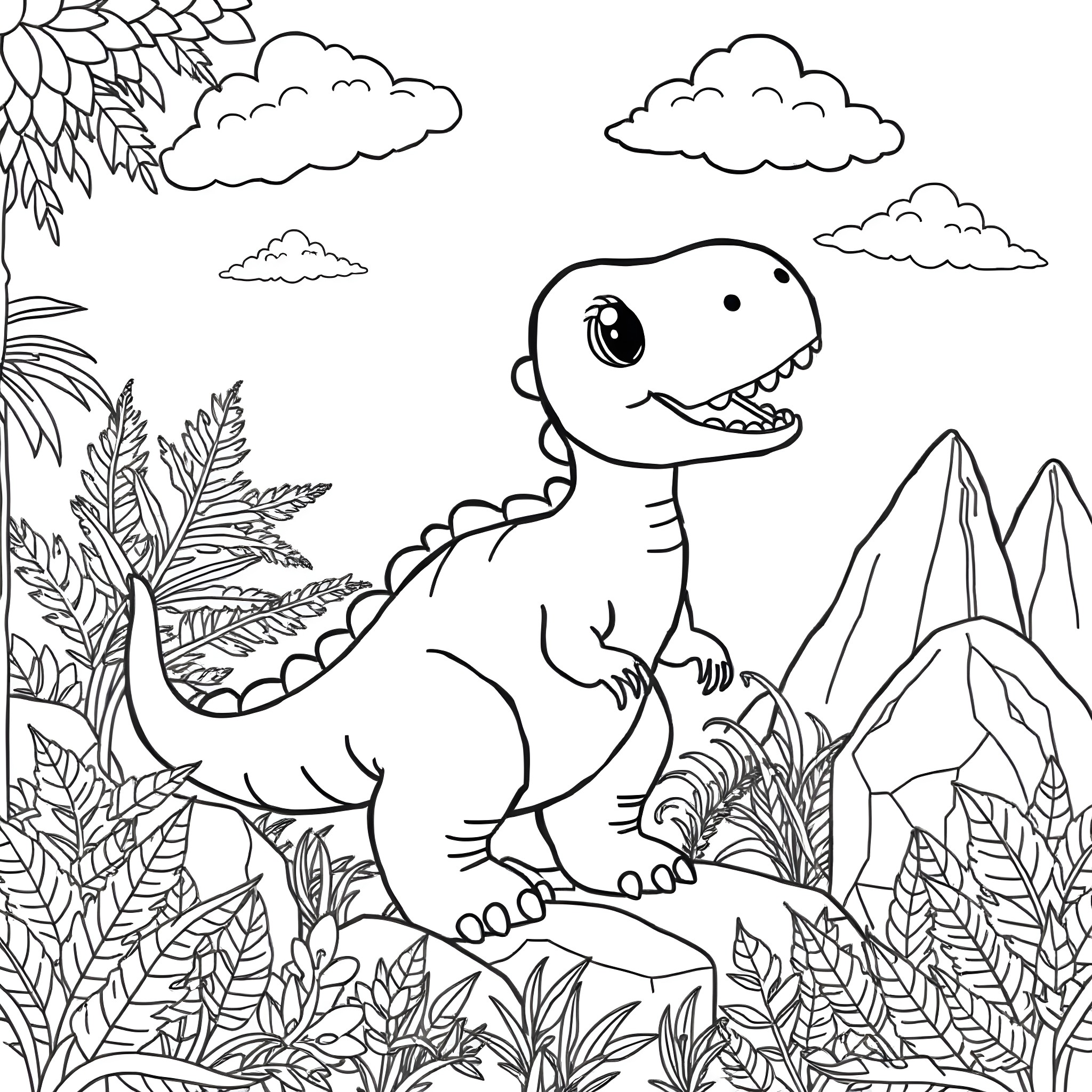 Dinosaur exploring prehistoric landscape Coloring Page (free black-and-white line drawing printable PDF for all, from beginners to advanced learners, including children, teens, adults, and seniors)