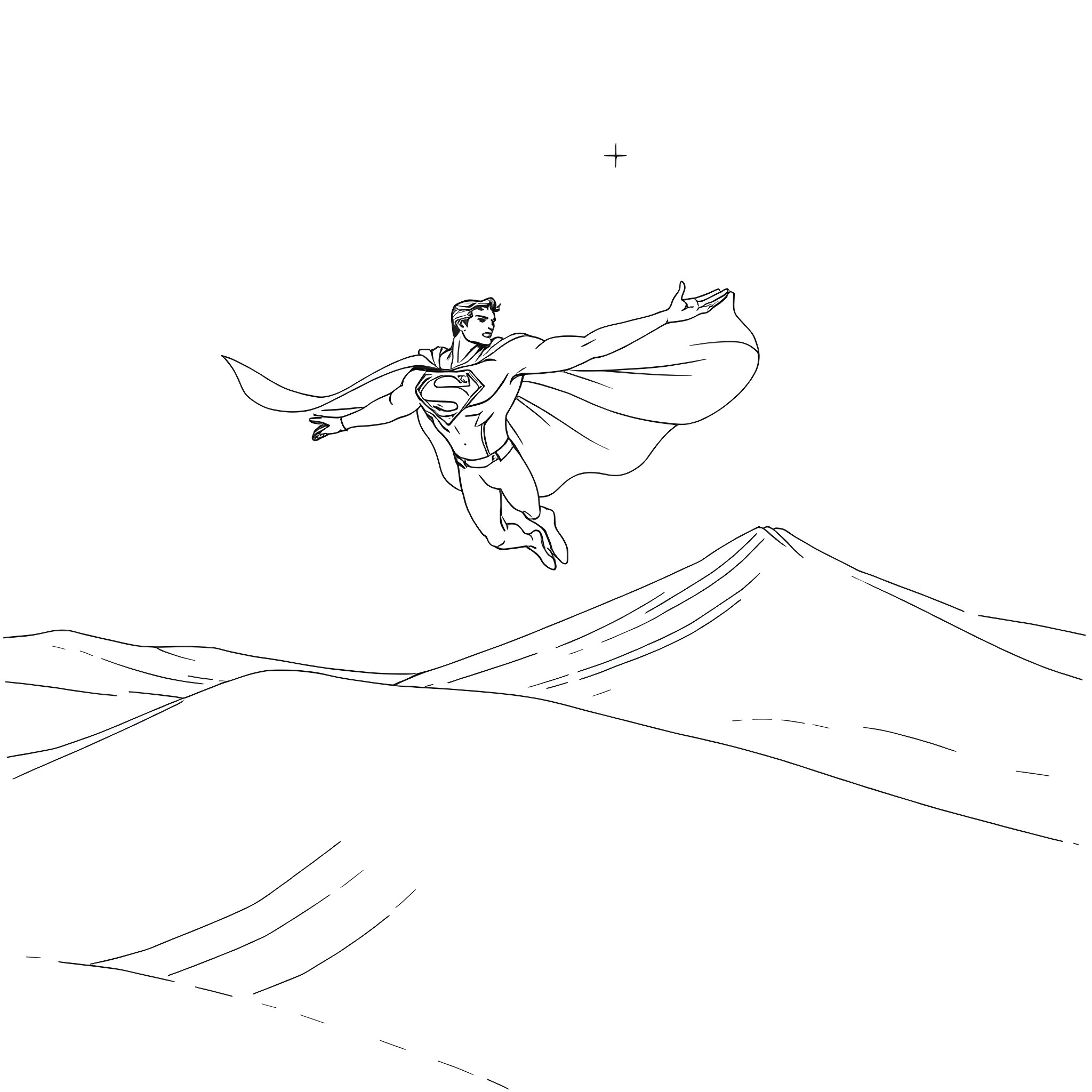 Superman soaring through the skies above the mountains Coloring Page (free black-and-white line drawing printable PDF for all, from beginners to advanced learners, including children, teens, adults, and seniors)