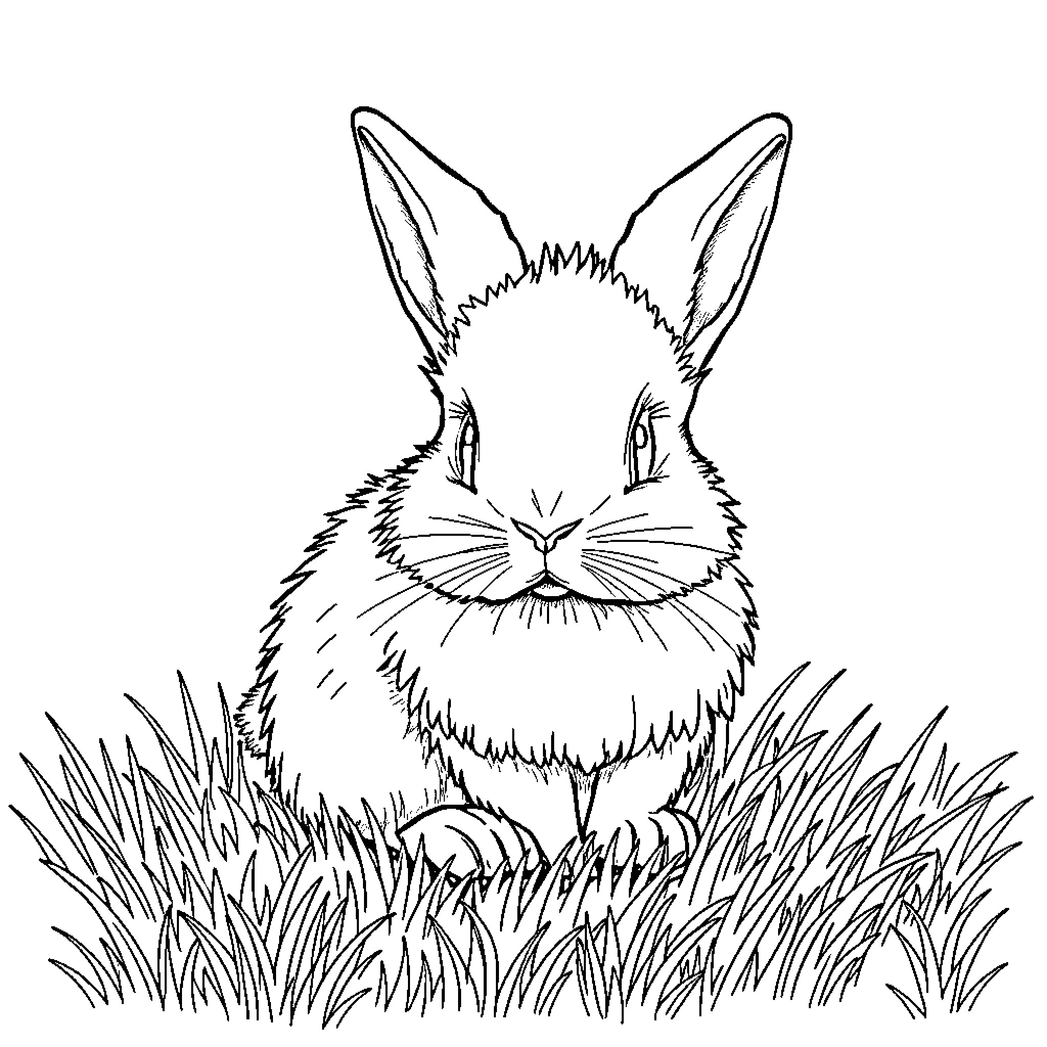 Rabbit sitting calmly in the grass Coloring Page (free black-and-white line drawing printable PDF for all, from beginners to advanced learners, including children, teens, adults, and seniors)