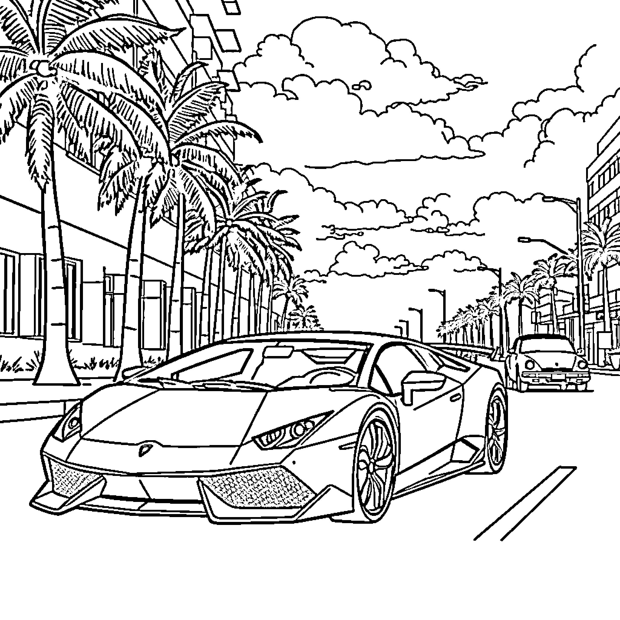Lamborghini driving down a palm-lined boulevard Coloring Page (free black-and-white line drawing printable PDF for all, from beginners to advanced learners, including children, teens, adults, and seniors)