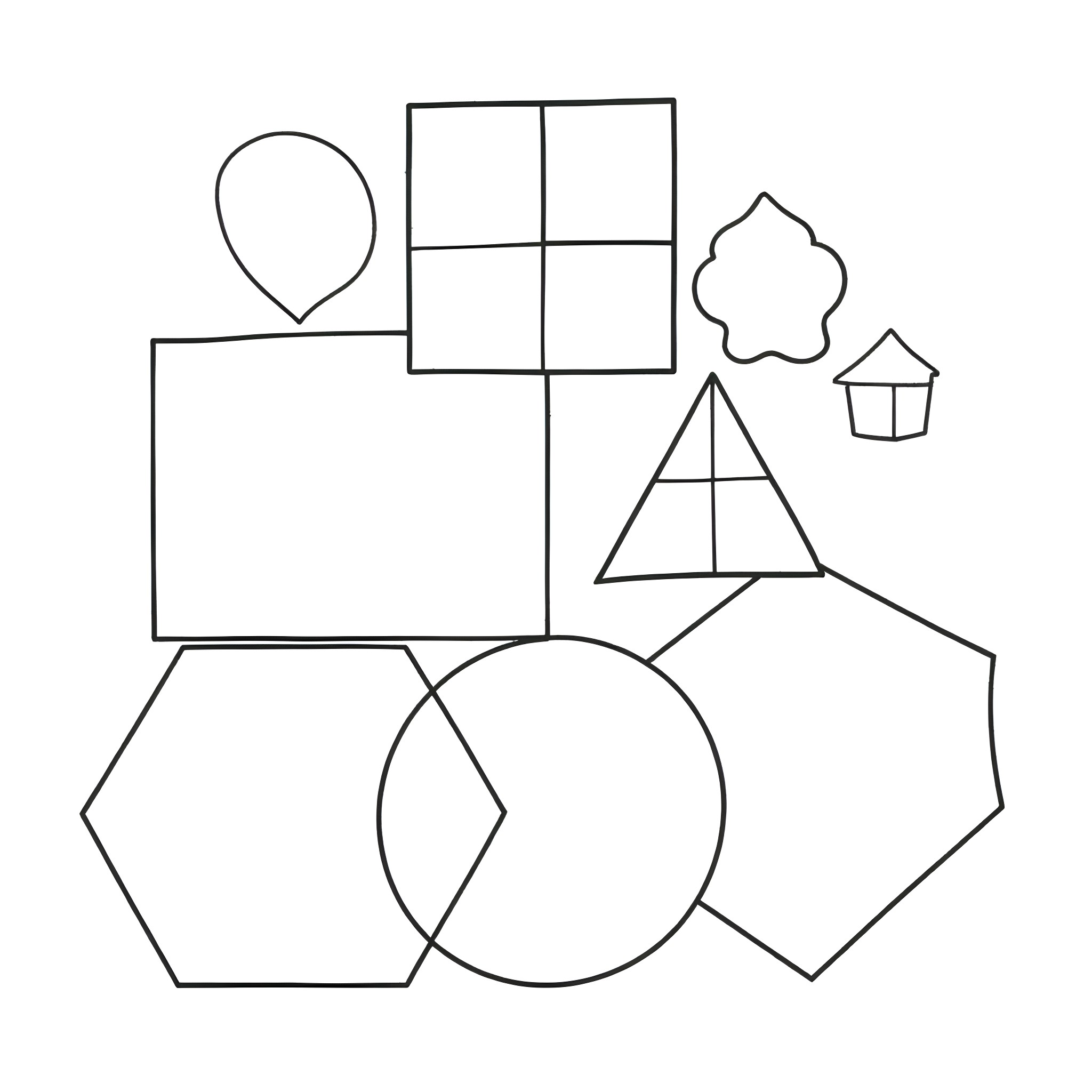 Shape Arrangement of Geometric Figures Coloring Page (free black-and-white line drawing printable PDF for all, from beginners to advanced learners, including children, teens, adults, and seniors)