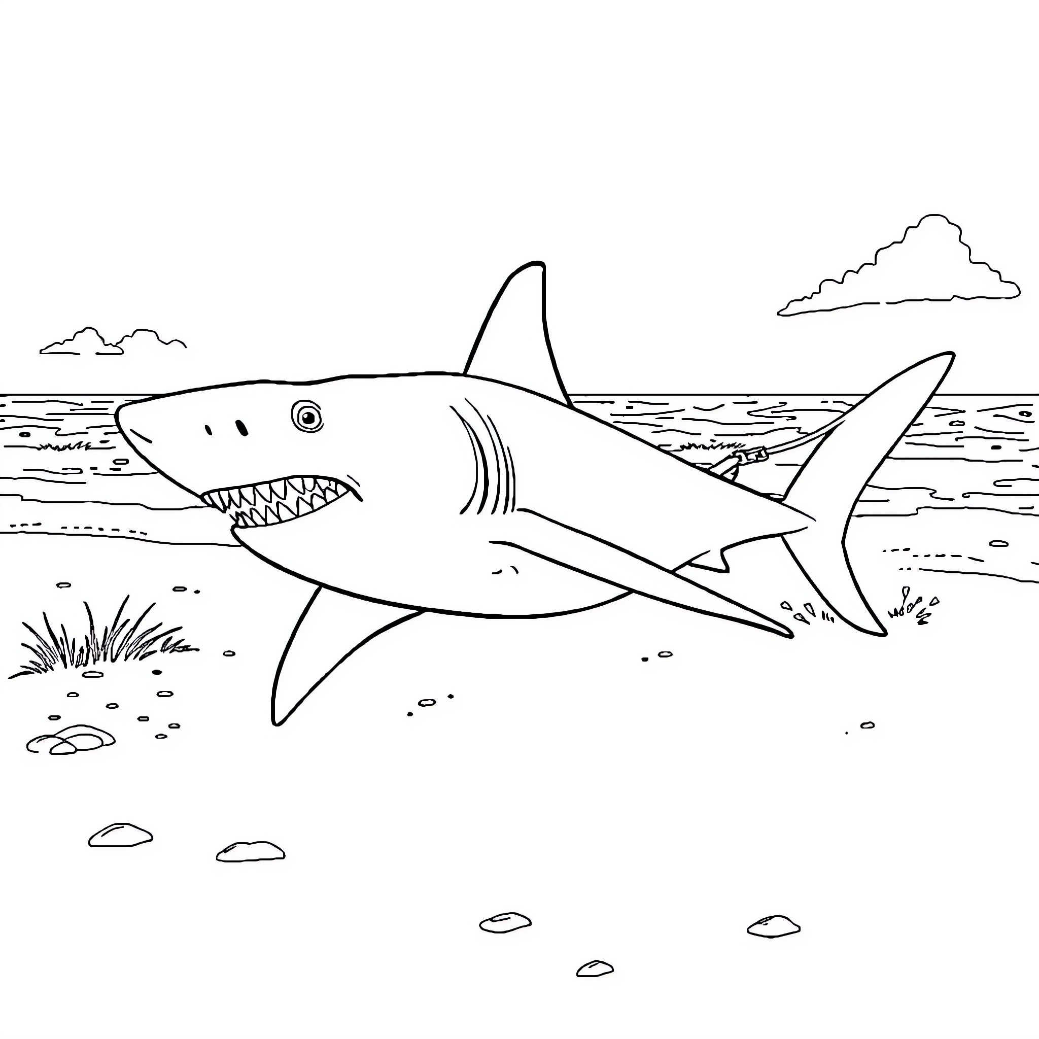 Shark hunting for prey in the ocean Coloring Page (free black-and-white line drawing printable PDF for all, from beginners to advanced learners, including children, teens, adults, and seniors)