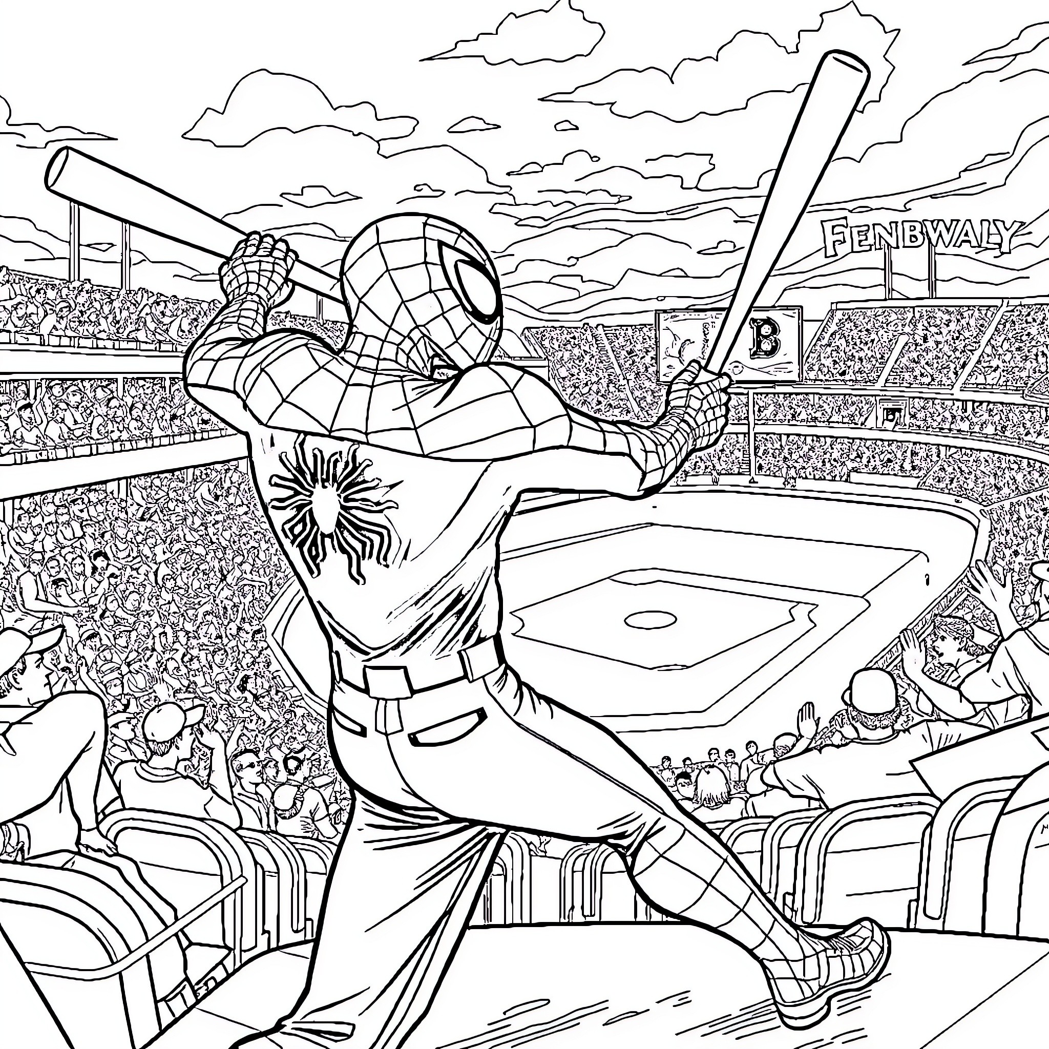 Spiderman in action at a baseball stadium Coloring Page (free black-and-white line drawing printable PDF for all, from beginners to advanced learners, including children, teens, adults, and seniors)