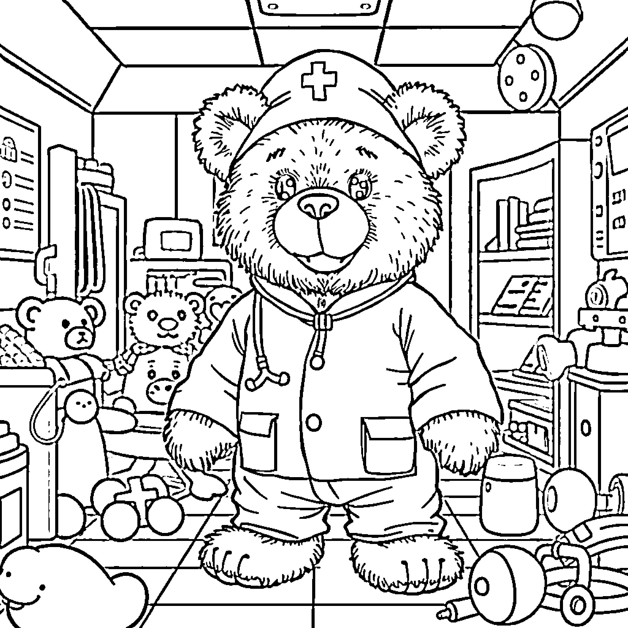 Teddy Bear Nurse in the Clinic Coloring Page (free black-and-white line drawing printable PDF for all, from beginners to advanced learners, including children, teens, adults, and seniors)