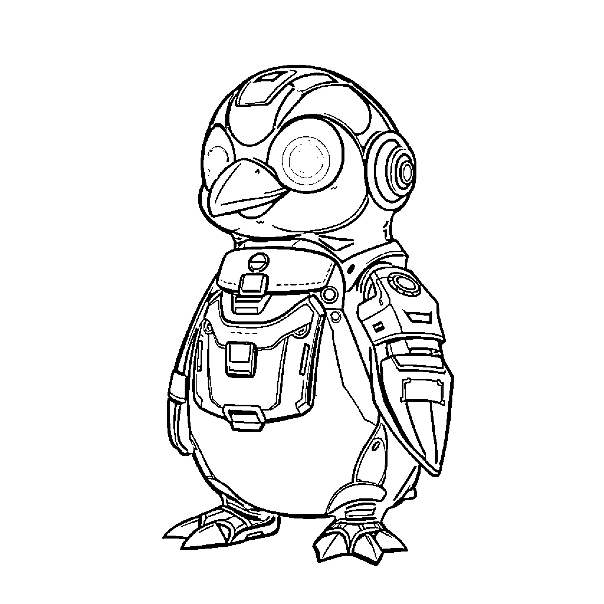 Cyborg Penguin exploring futuristic tech gear Coloring Page (free black-and-white line drawing printable PDF for all, from beginners to advanced learners, including children, teens, adults, and seniors)