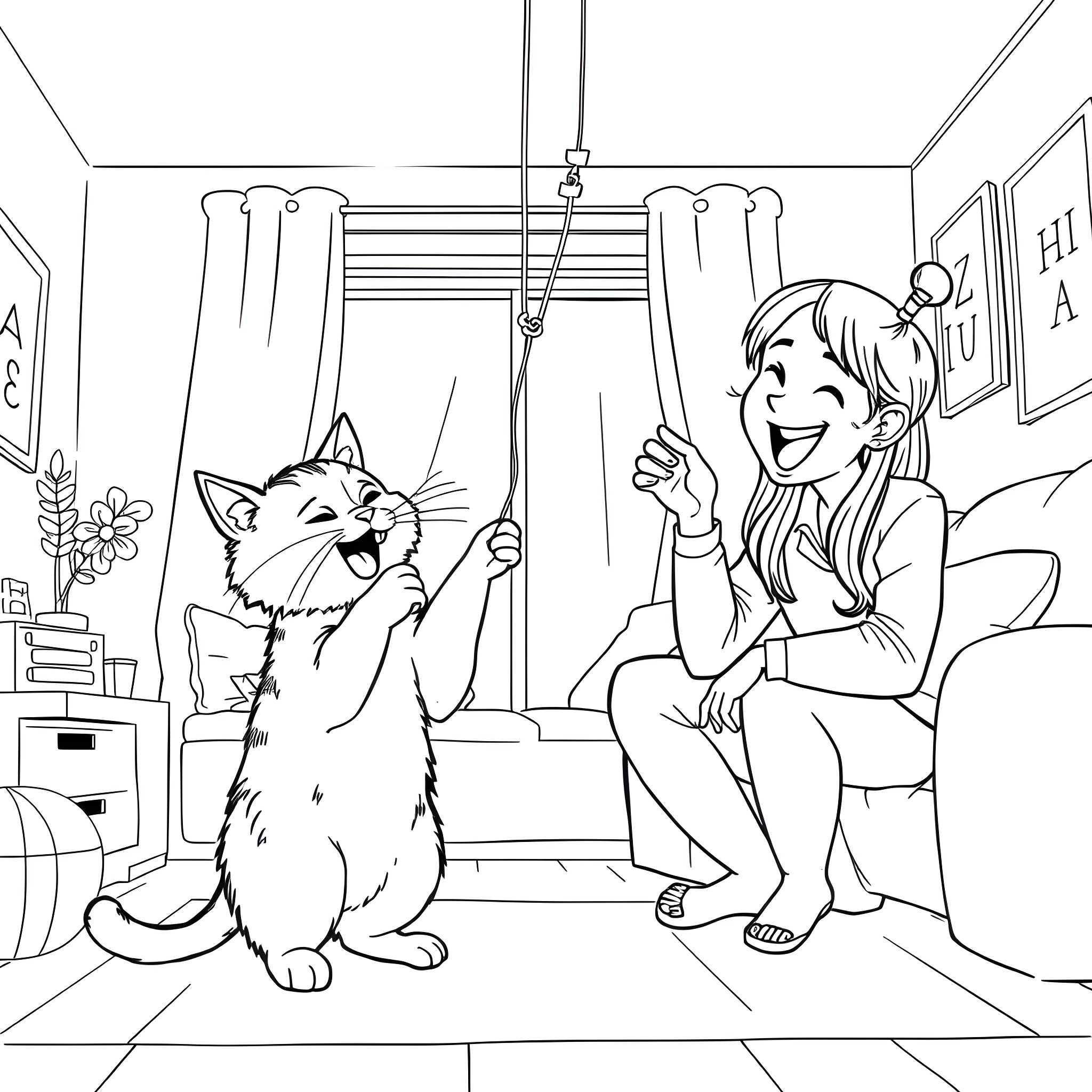 Cat playing joyfully with its owner at home Coloring Page (free black-and-white line drawing printable PDF for all, from beginners to advanced learners, including children, teens, adults, and seniors)