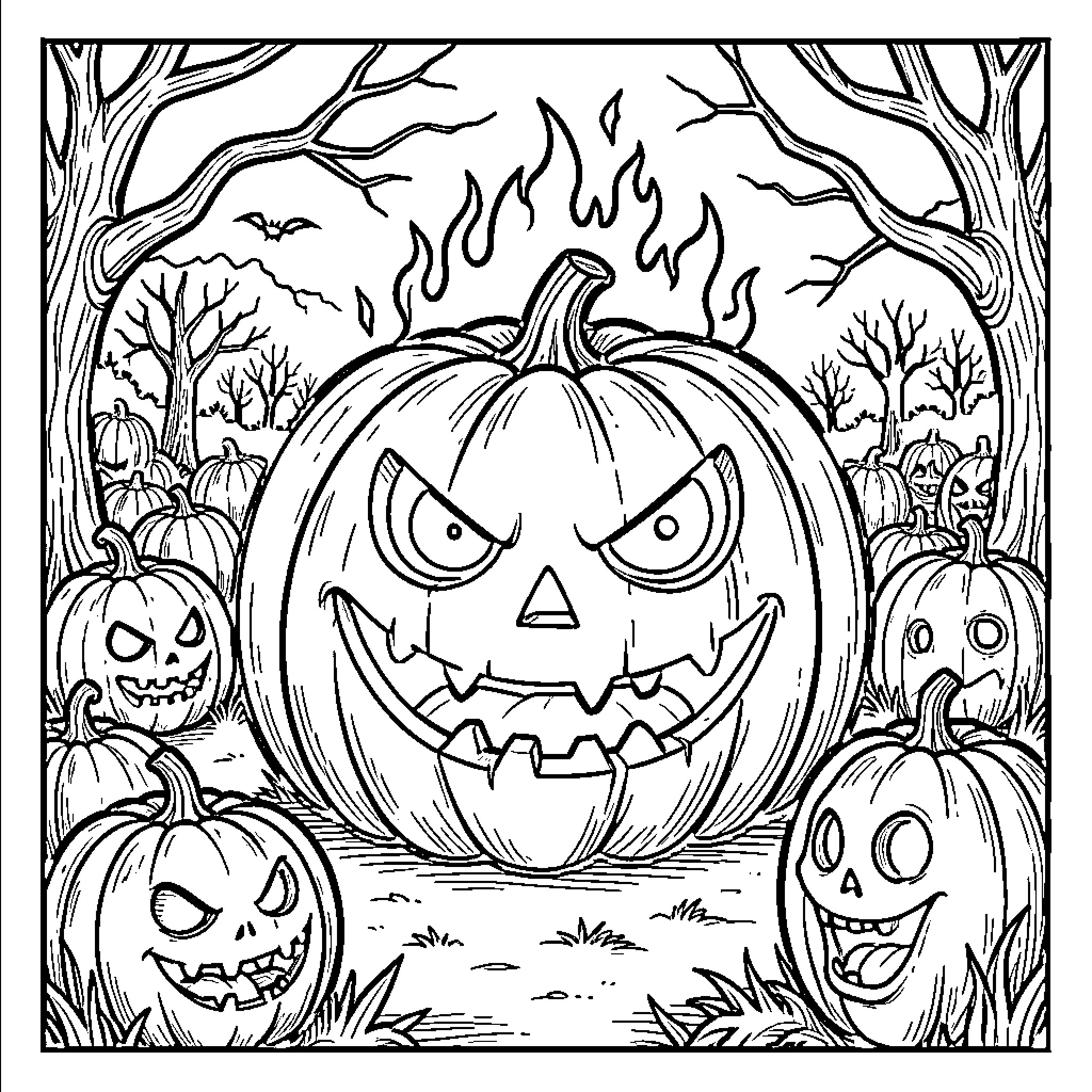 Pumpkins with spooky expressions in the forest Coloring Page (free black-and-white line drawing printable PDF for all, from beginners to advanced learners, including children, teens, adults, and seniors)