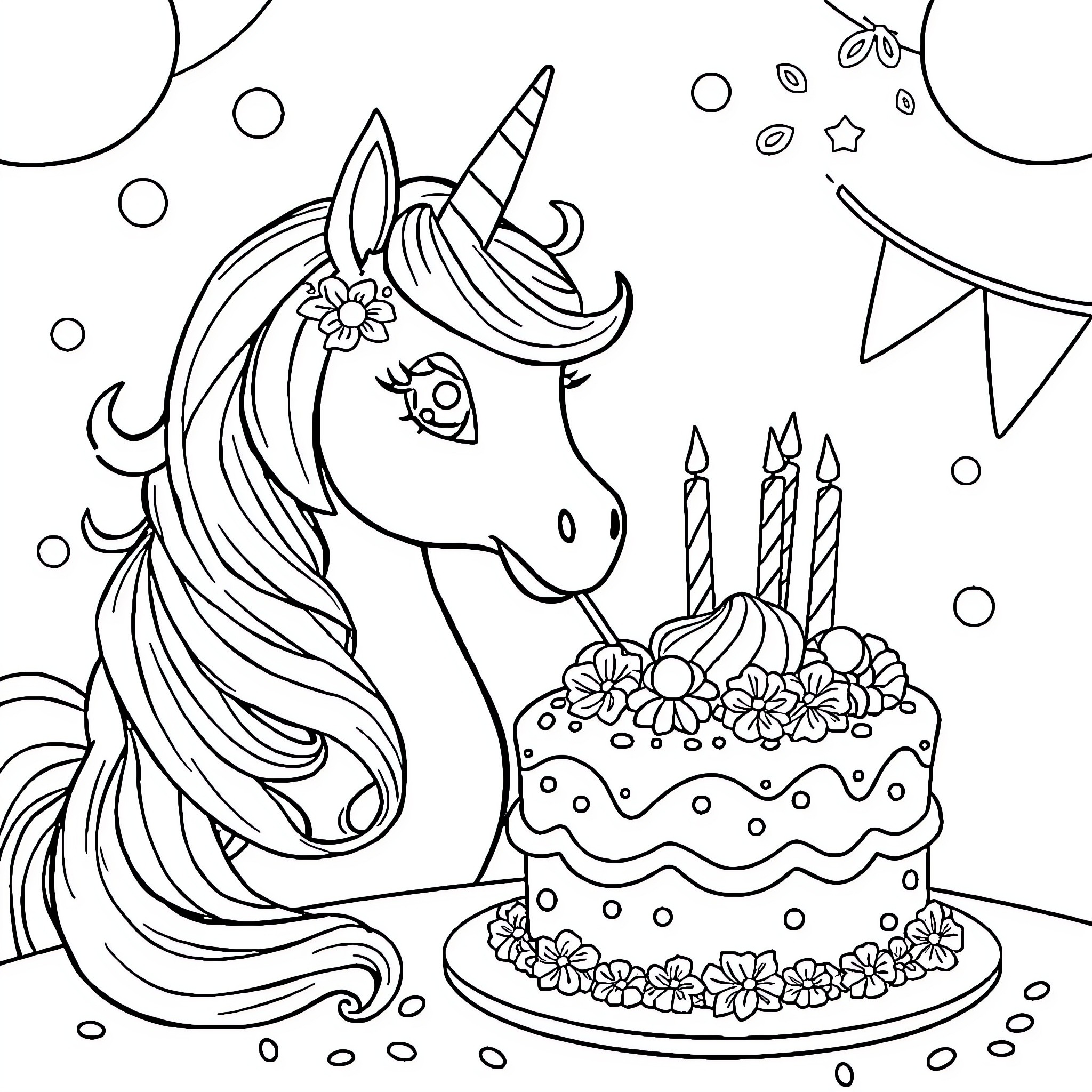Unicorn celebrating birthday with cake and decorations Coloring Page (free black-and-white line drawing printable PDF for all, from beginners to advanced learners, including children, teens, adults, and seniors)