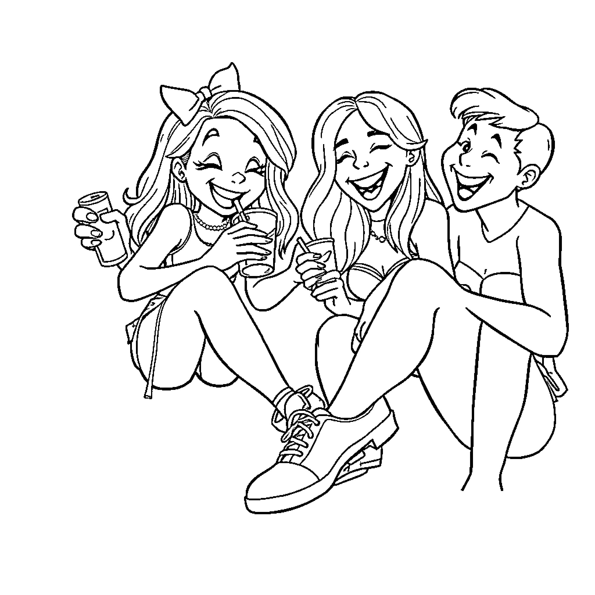 Bluey and friends enjoying a casual moment together Coloring Page (free black-and-white line drawing printable PDF for all, from beginners to advanced learners, including children, teens, adults, and seniors)