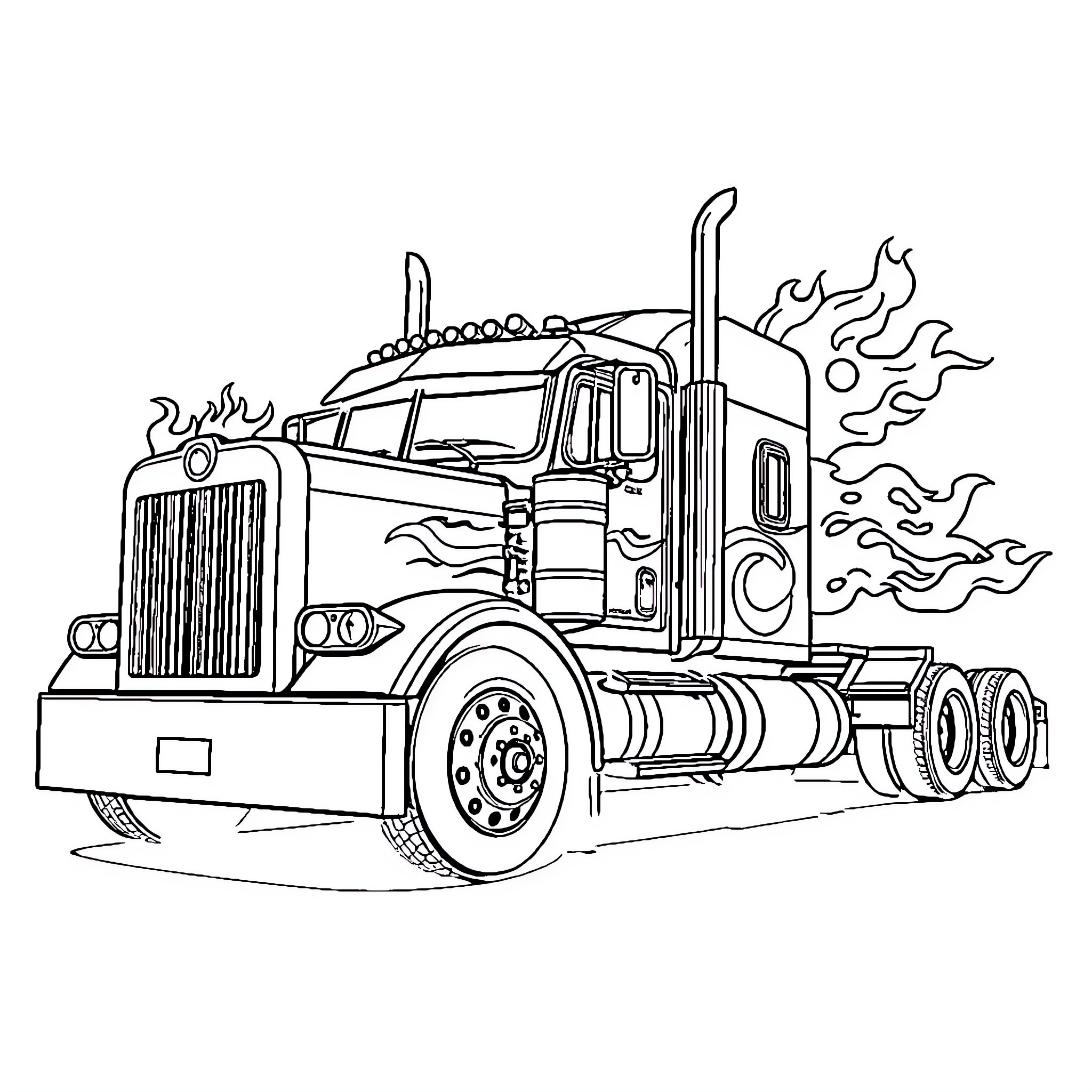 Truck speeding with smoke and flames Coloring Page (free black-and-white line drawing printable PDF for all, from beginners to advanced learners, including children, teens, adults, and seniors)