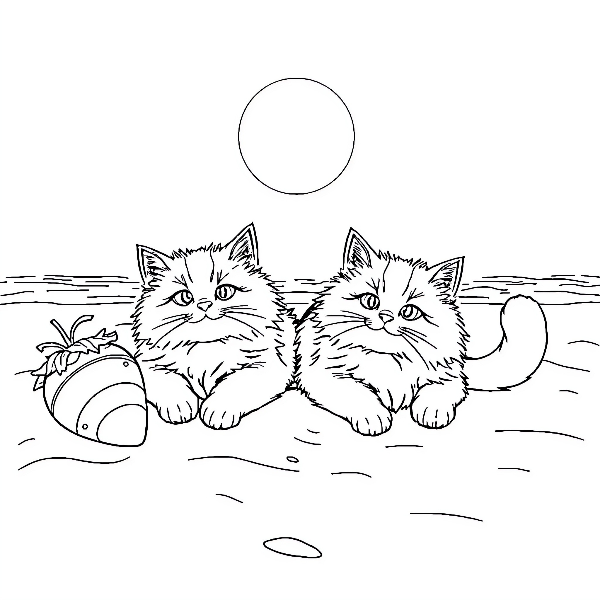 Cat kittens playing with toy ball on beach Coloring Page (free black-and-white line drawing printable PDF for all, from beginners to advanced learners, including children, teens, adults, and seniors)