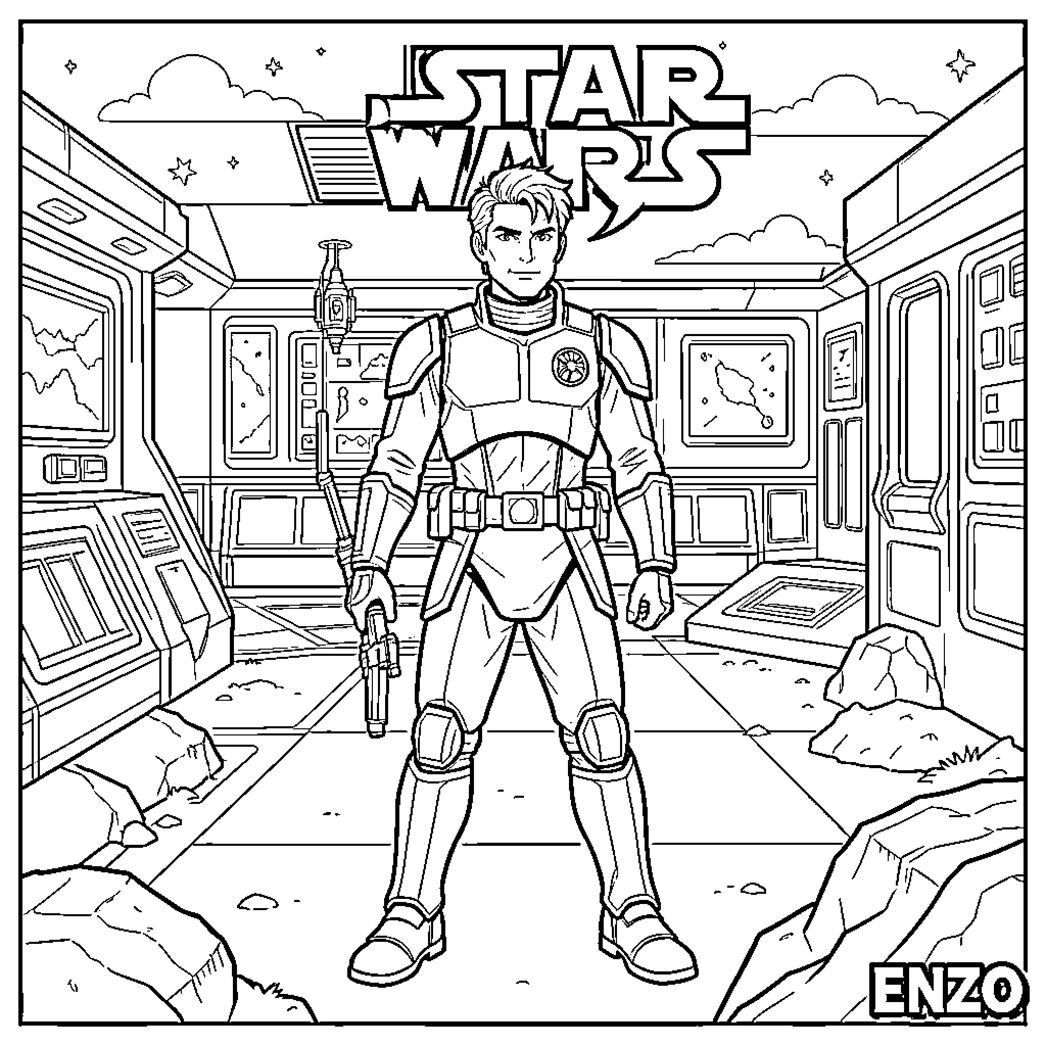 Star Wars character standing in a futuristic spaceship corridor Coloring Page (free black-and-white line drawing printable PDF for all, from beginners to advanced learners, including children, teens, adults, and seniors)
