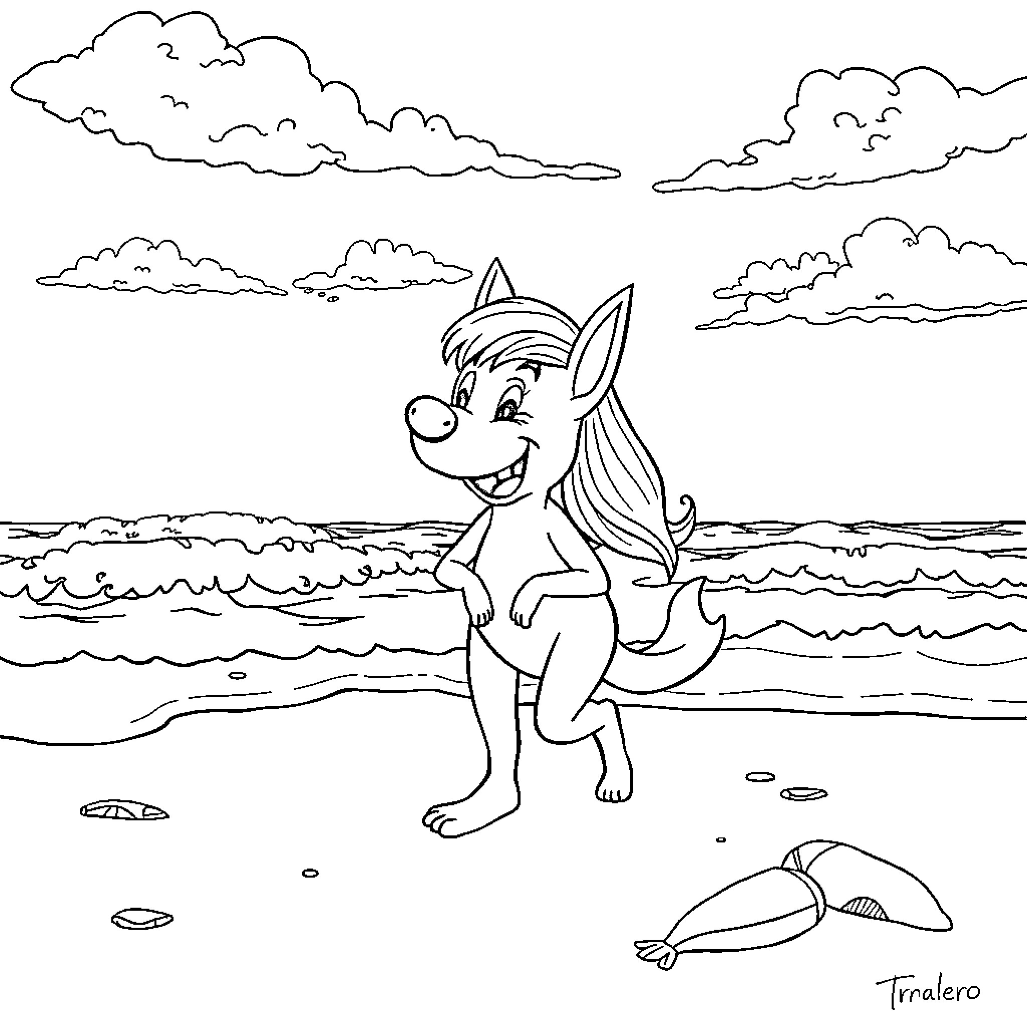 Tralalero - Joyful animal on the beach Coloring Page (free black-and-white line drawing printable PDF for all, from beginners to advanced learners, including children, teens, adults, and seniors)