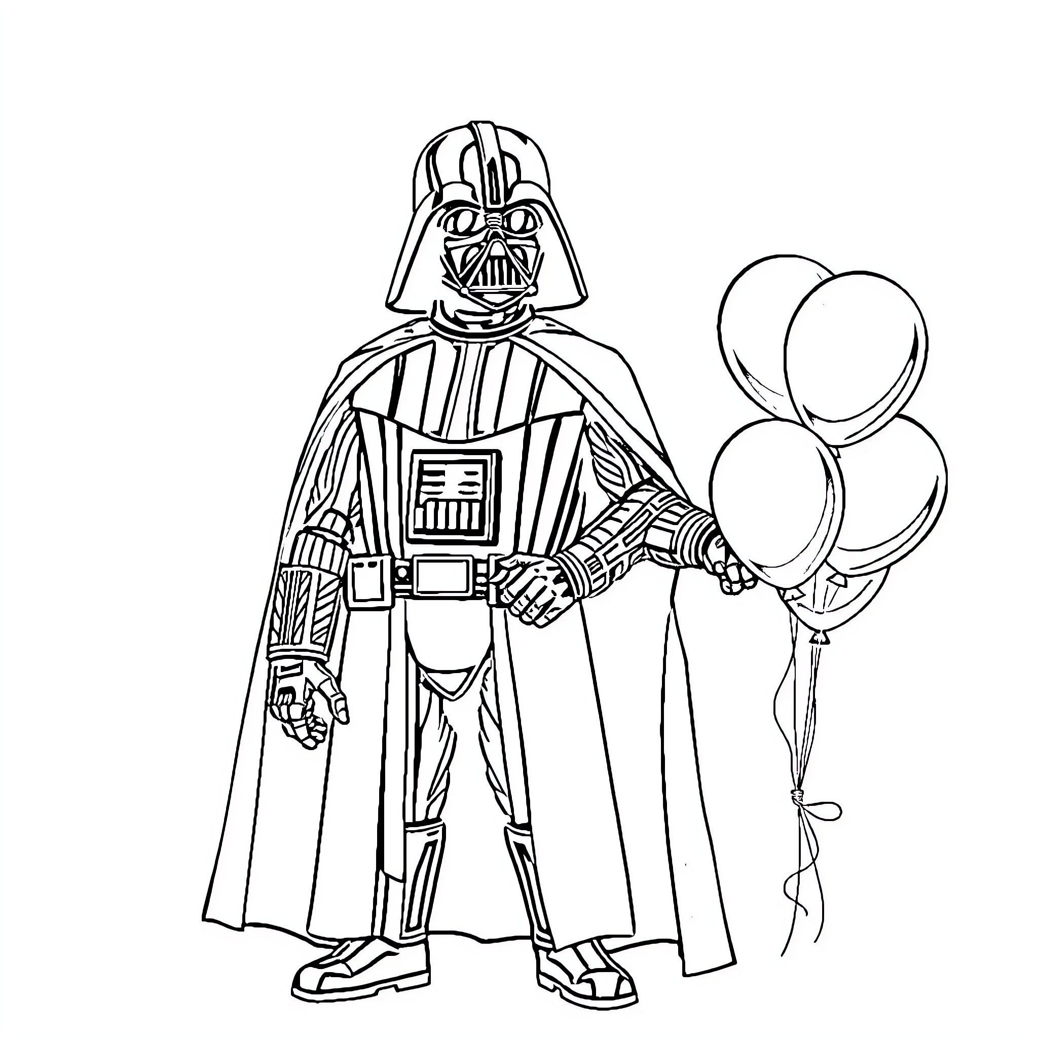 Darth Vader celebrating with party balloons Coloring Page (free black-and-white line drawing printable PDF for all, from beginners to advanced learners, including children, teens, adults, and seniors)