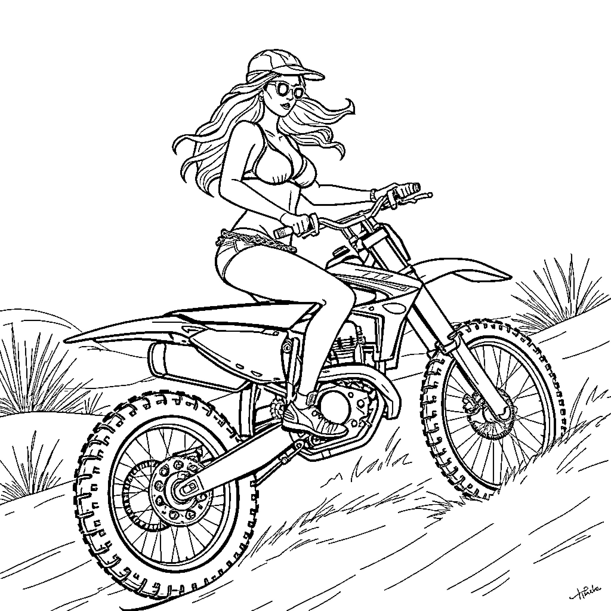 Woman riding a dirt bike in the desert Coloring Page (free black-and-white line drawing printable PDF for all, from beginners to advanced learners, including children, teens, adults, and seniors)