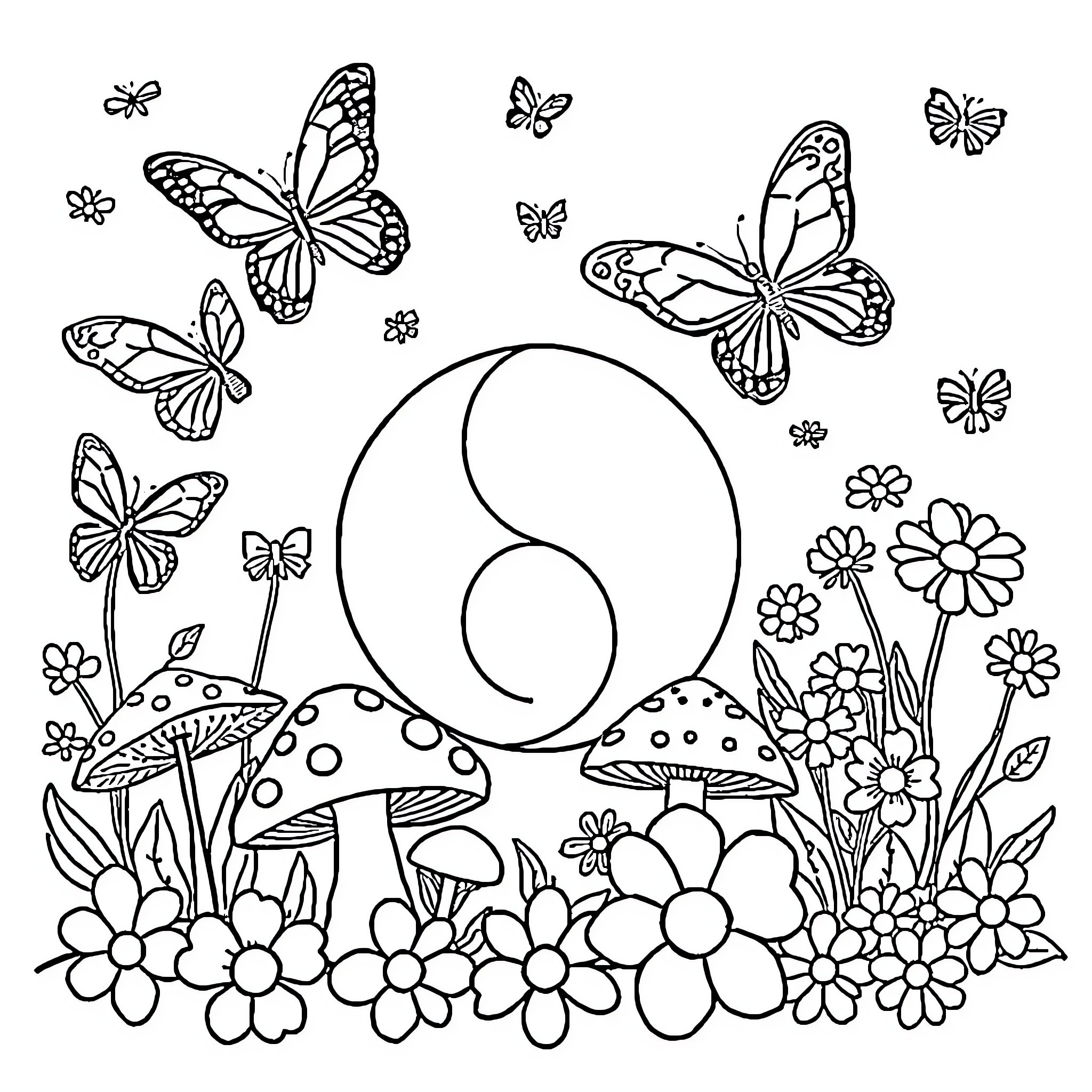 Vibe of a Serene Butterfly Garden Coloring Page (free black-and-white line drawing printable PDF for all, from beginners to advanced learners, including children, teens, adults, and seniors)