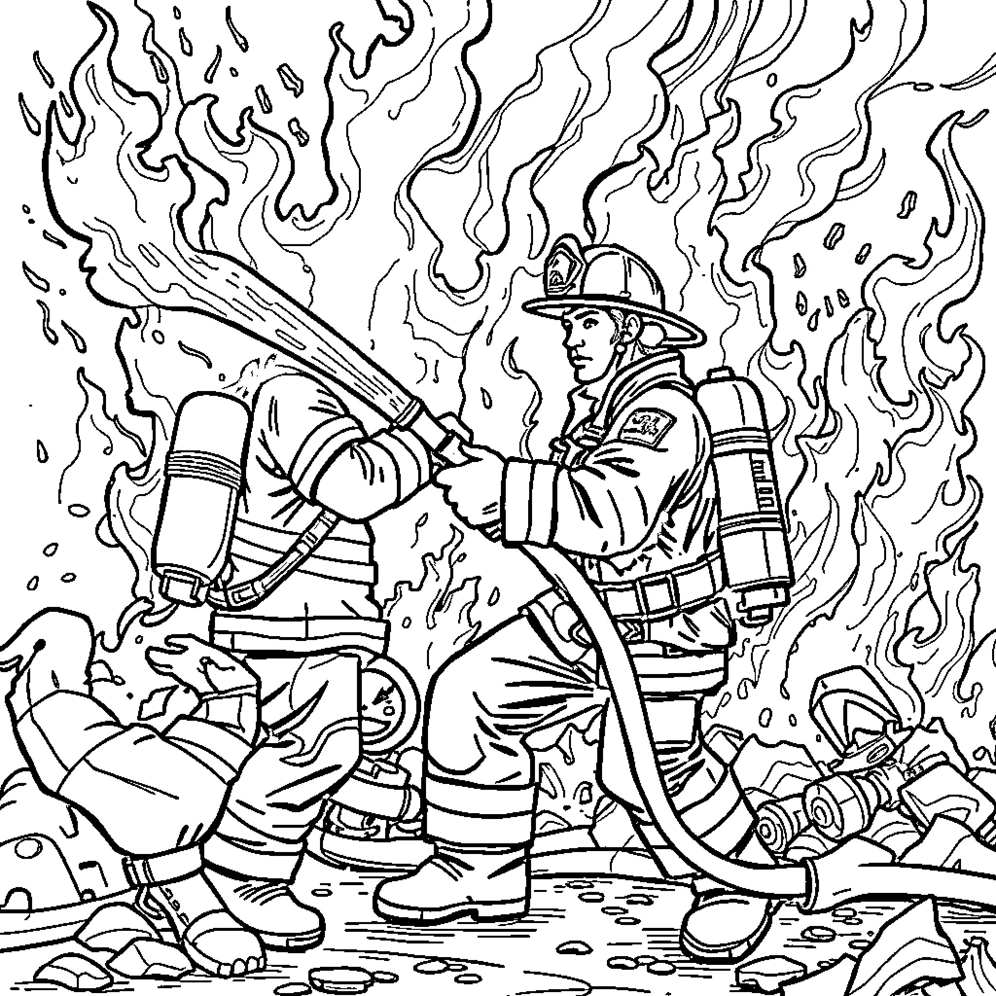 Firefighter bravely fighting against raging flames Coloring Page (free black-and-white line drawing printable PDF for all, from beginners to advanced learners, including children, teens, adults, and seniors)