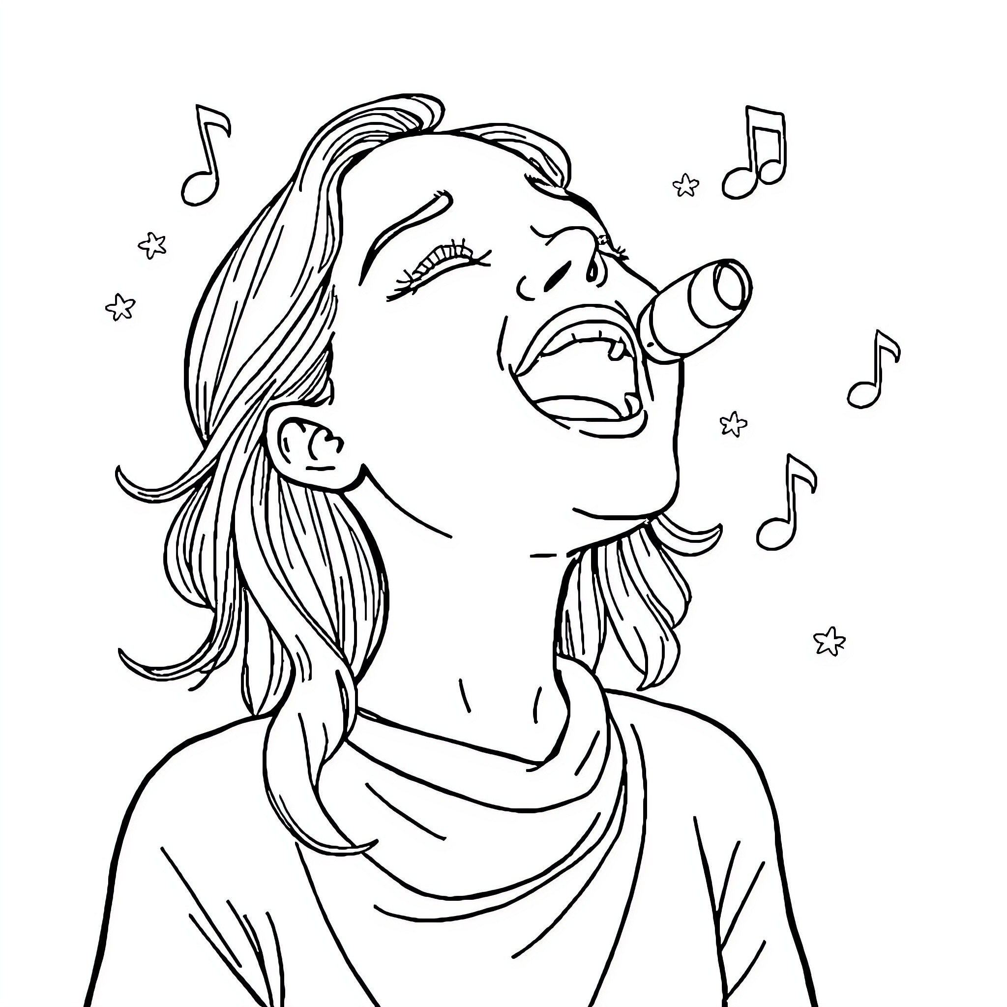 Tralalelo Singing Woman with Musical Notes Coloring Page (free black-and-white line drawing printable PDF for all, from beginners to advanced learners, including children, teens, adults, and seniors)