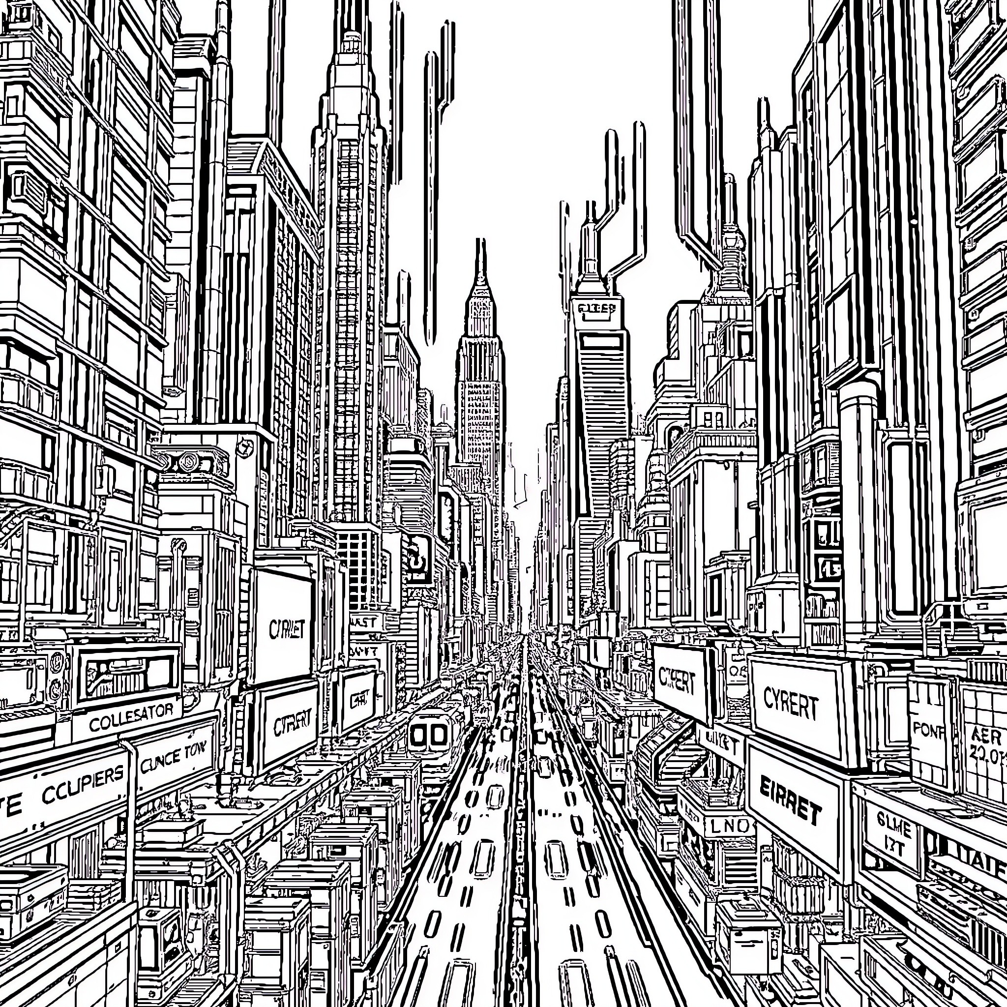 Cyberpunk CityScape with Towering Skyscrapers Coloring Page (free black-and-white line drawing printable PDF for all, from beginners to advanced learners, including children, teens, adults, and seniors)